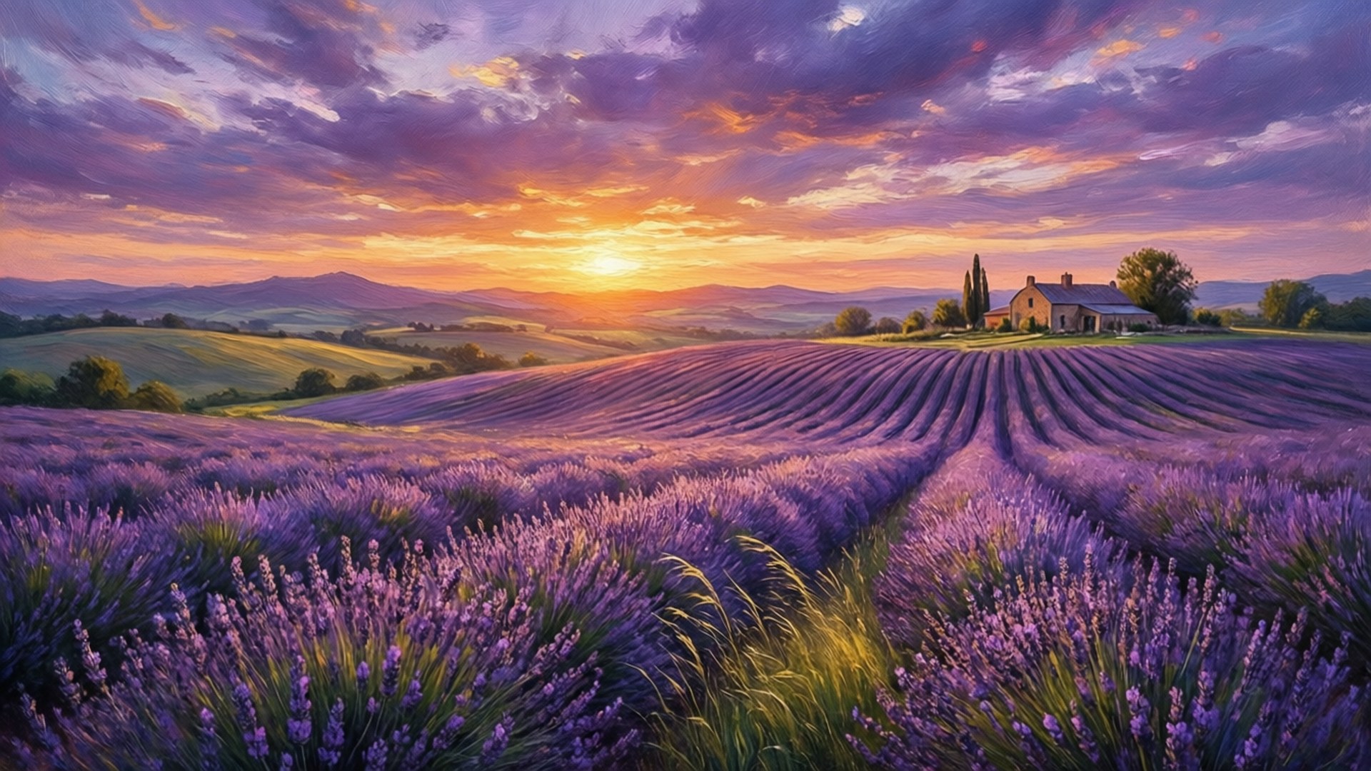 Lavender Sunset Fields Wallpaper