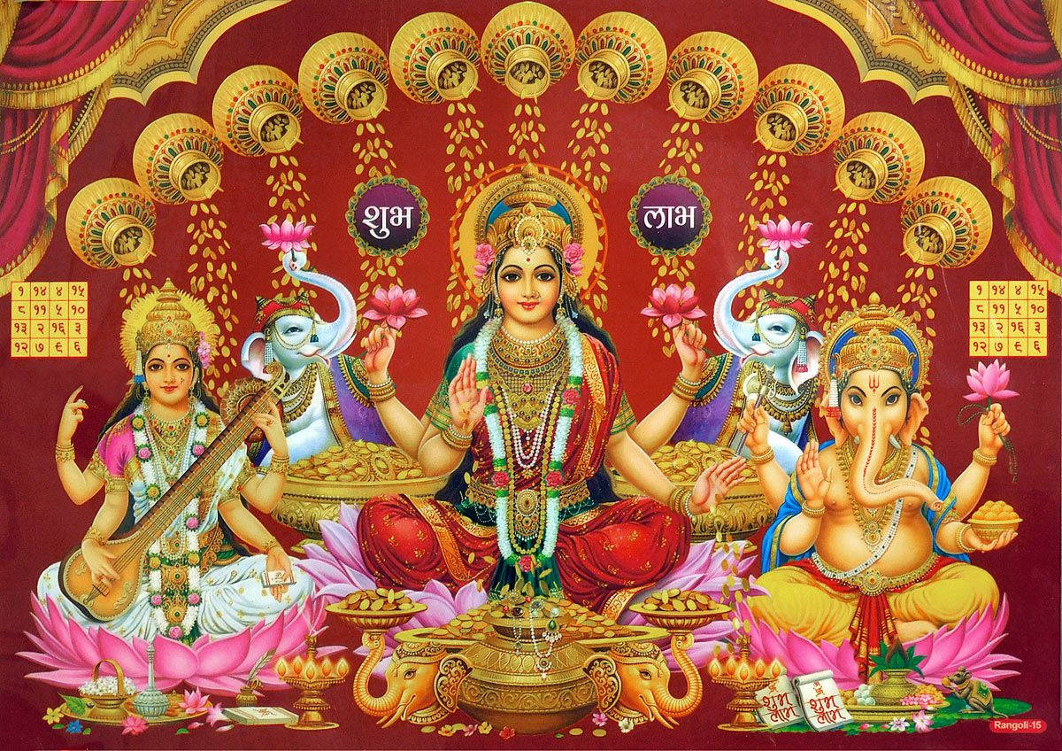 Laxmi Ganesh Saraswat Golden Pots Wallpaper