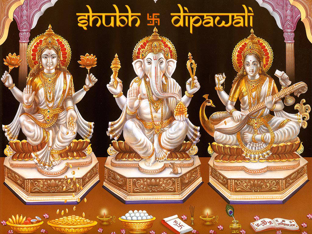 Divine Trinity - Laxmi, Ganesh and Saraswati in Elegant 3D Art Wallpaper