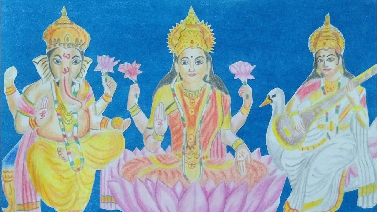 Download Laxmi Ganesh Saraswati Blue Drawing Wallpaper 