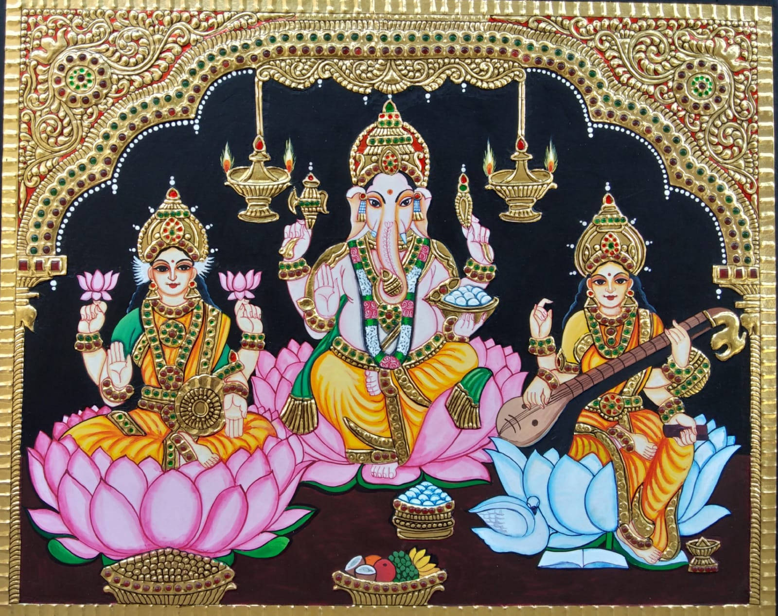 Download Laxmi Ganesh Saraswati Golden Frame Wallpaper 