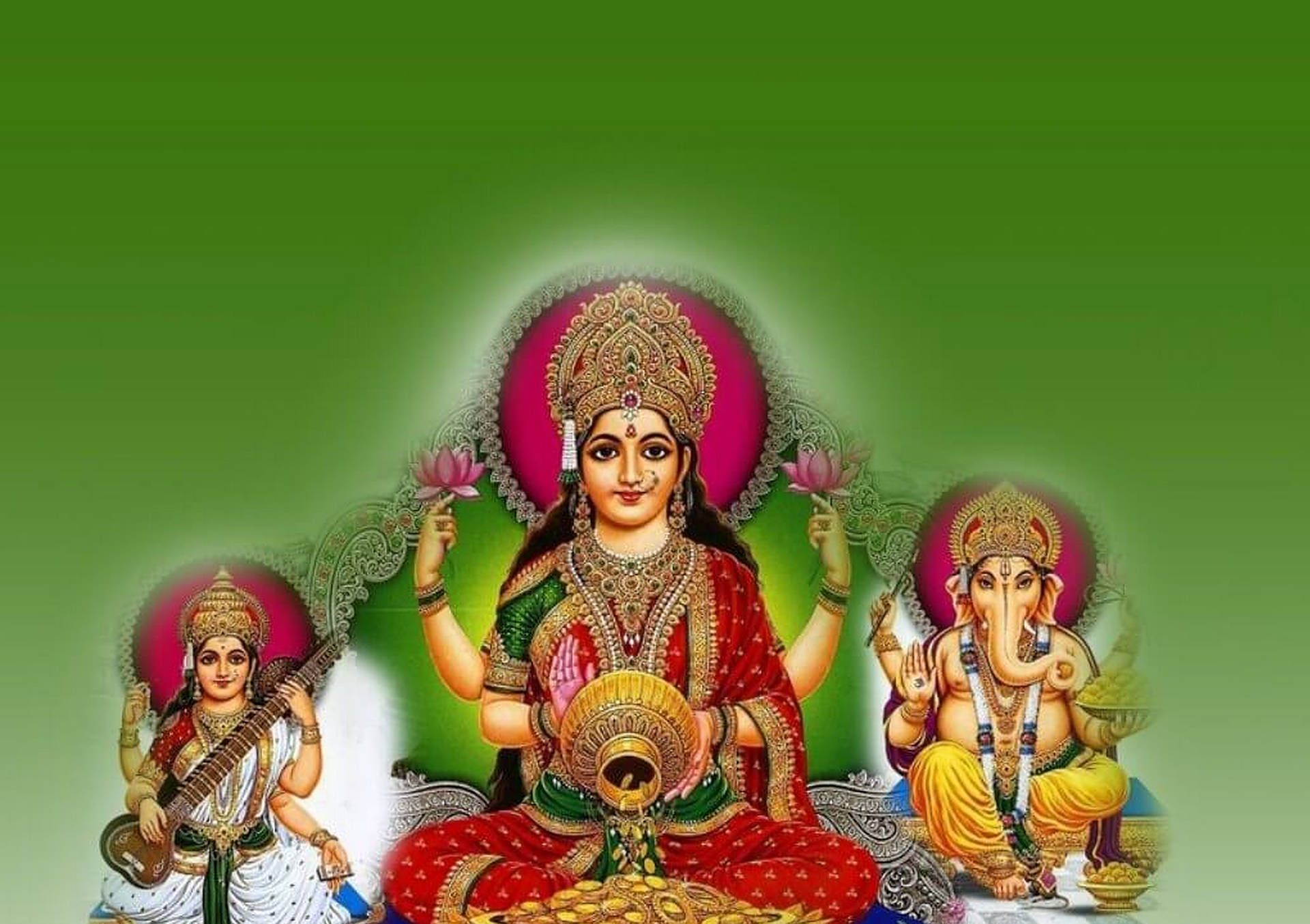 Download Laxmi Ganesh Saraswati Green Background Wallpaper 
