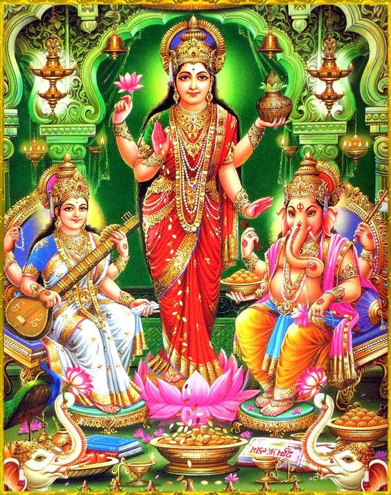 Download Laxmi Ganesh Saraswati Neon Green Temple Wallpaper 