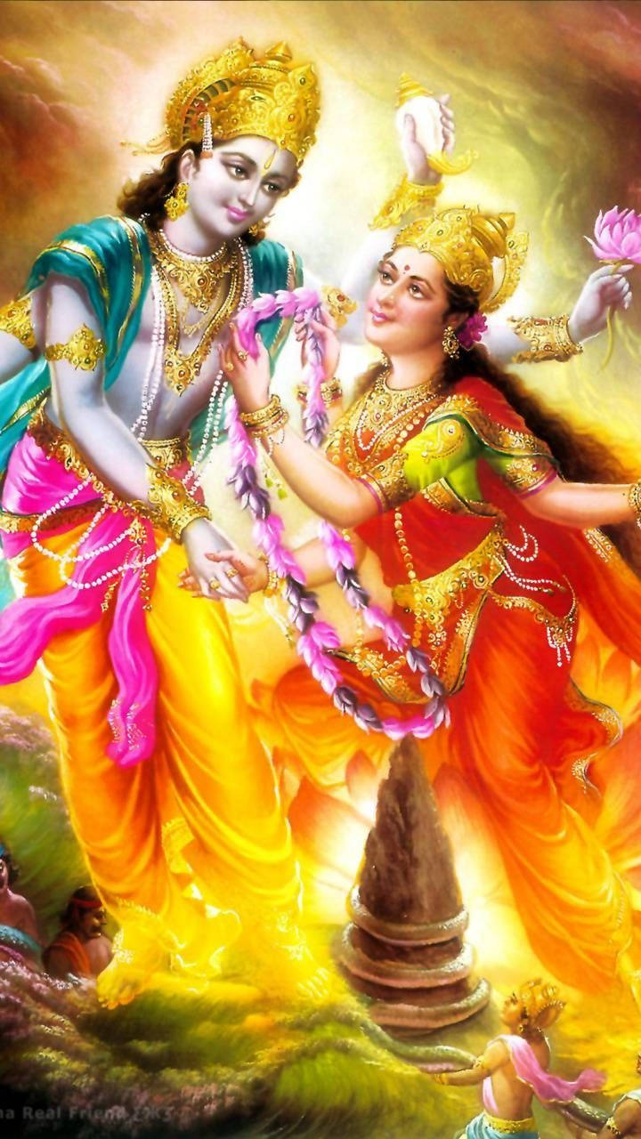 Laxmi Narayan Lakshmi Dando A Guirlanda De Vishnu Papel de Parede