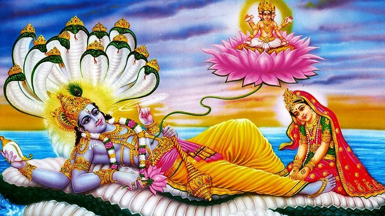 Download Laxmi Narayan Vishnu And Lakshmi On Shesha Wallpaper | Wallpapers .com