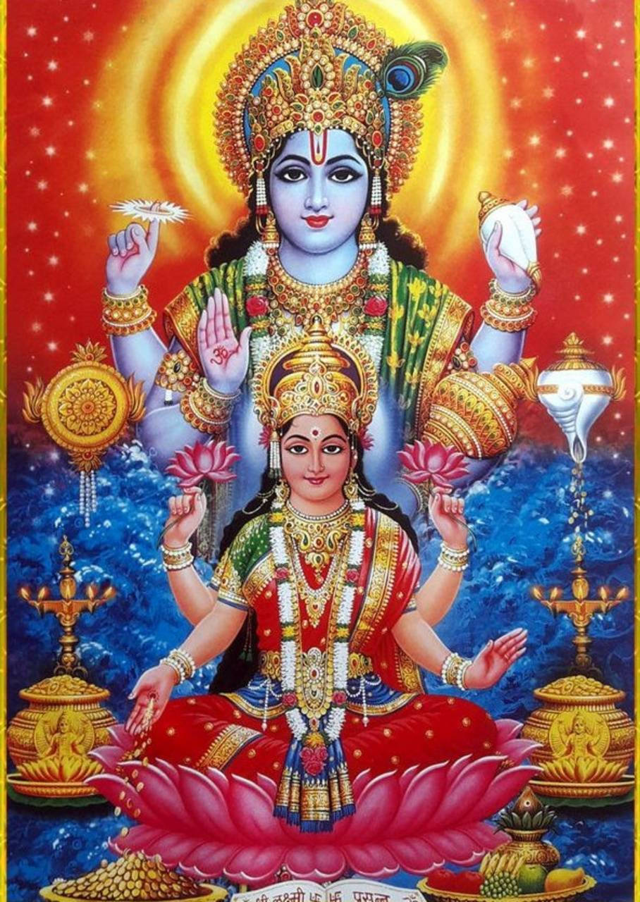 Download Laxmi Narayan Vishnu Standing Over Lakshmi Wallpaper | Wallpapers .com