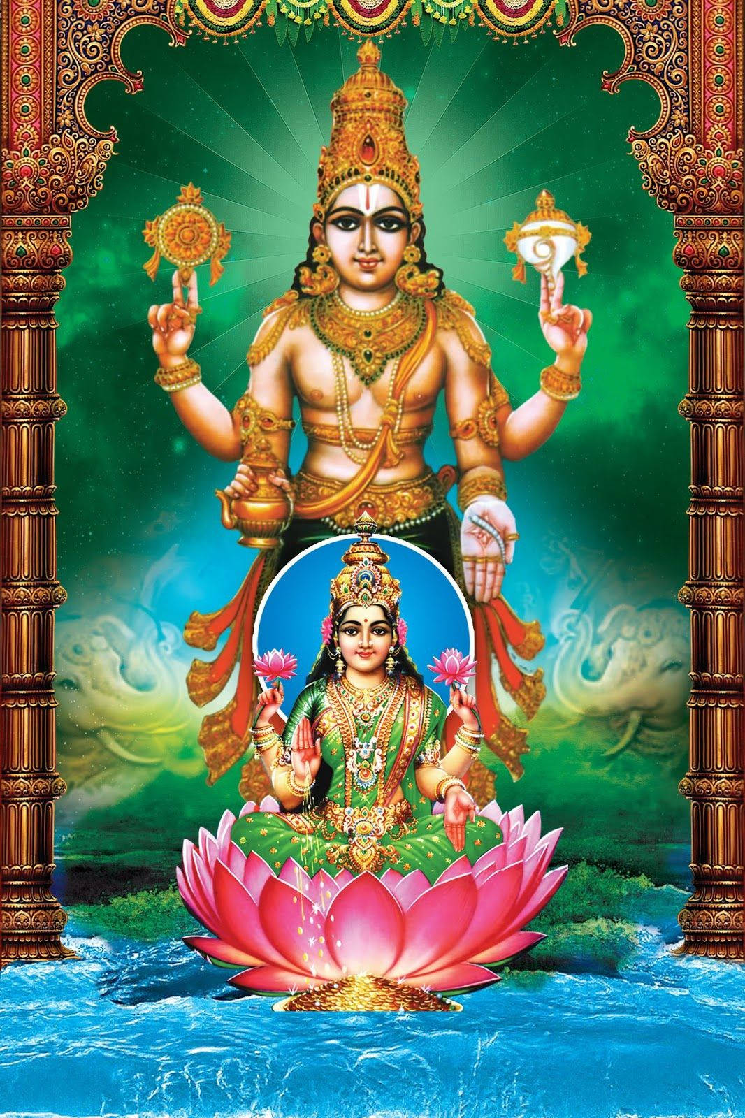 Laxmi Narayan Vishnu Standing Over Lakshmi Green Aesthetic Wallpaper