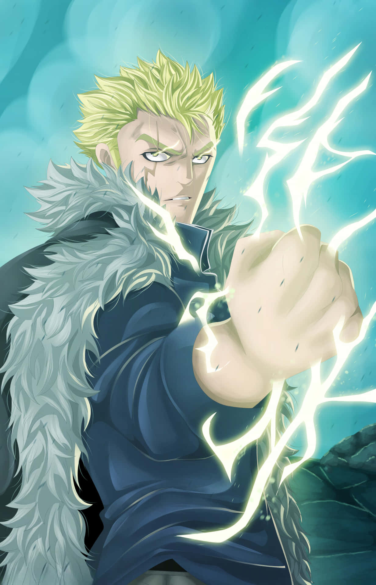 Laxus Dreyar Unleashes his Lightning Magic Power in an Intense Battle Wallpaper