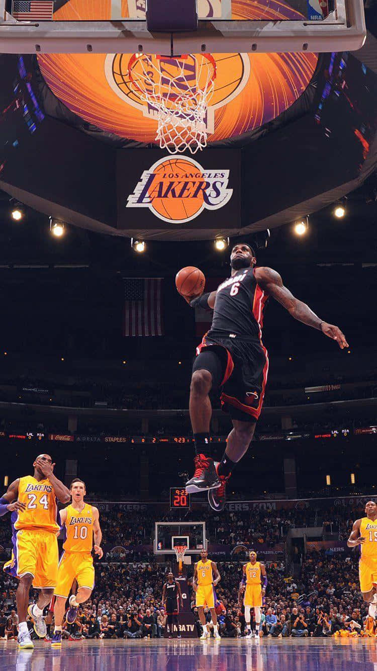 Le Bron_ James_ Mid Air_ Dunk_ Lakers_ Court Wallpaper