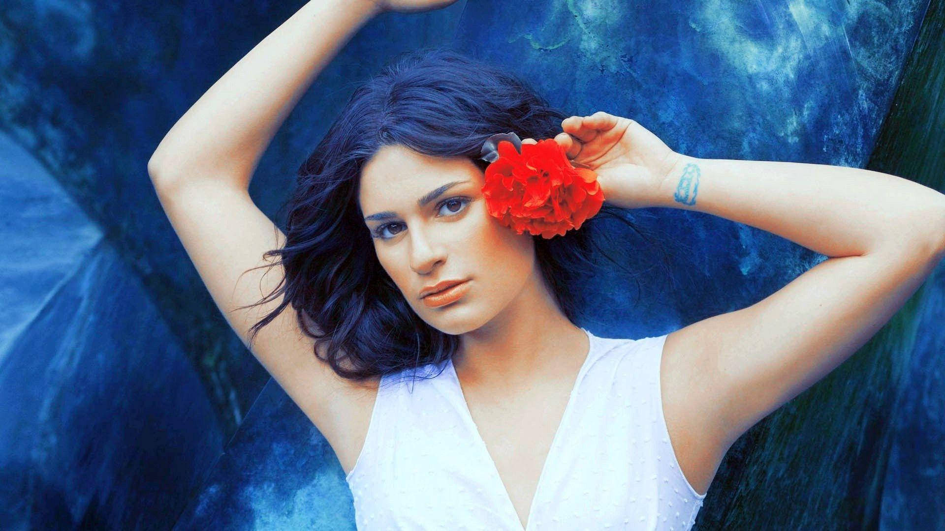 Lea Michele Red Flower On Ear Wallpaper