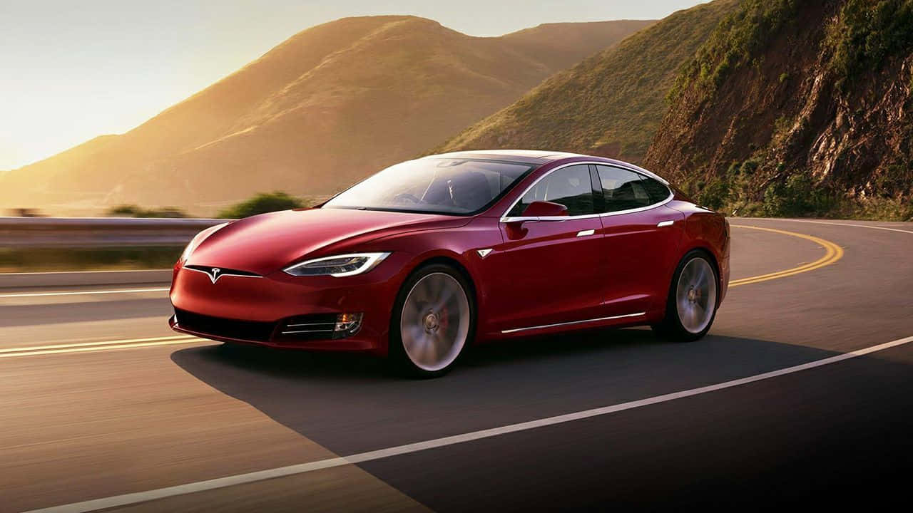 Leading-edge Tesla Model 3 In Vibrant Red Wallpaper