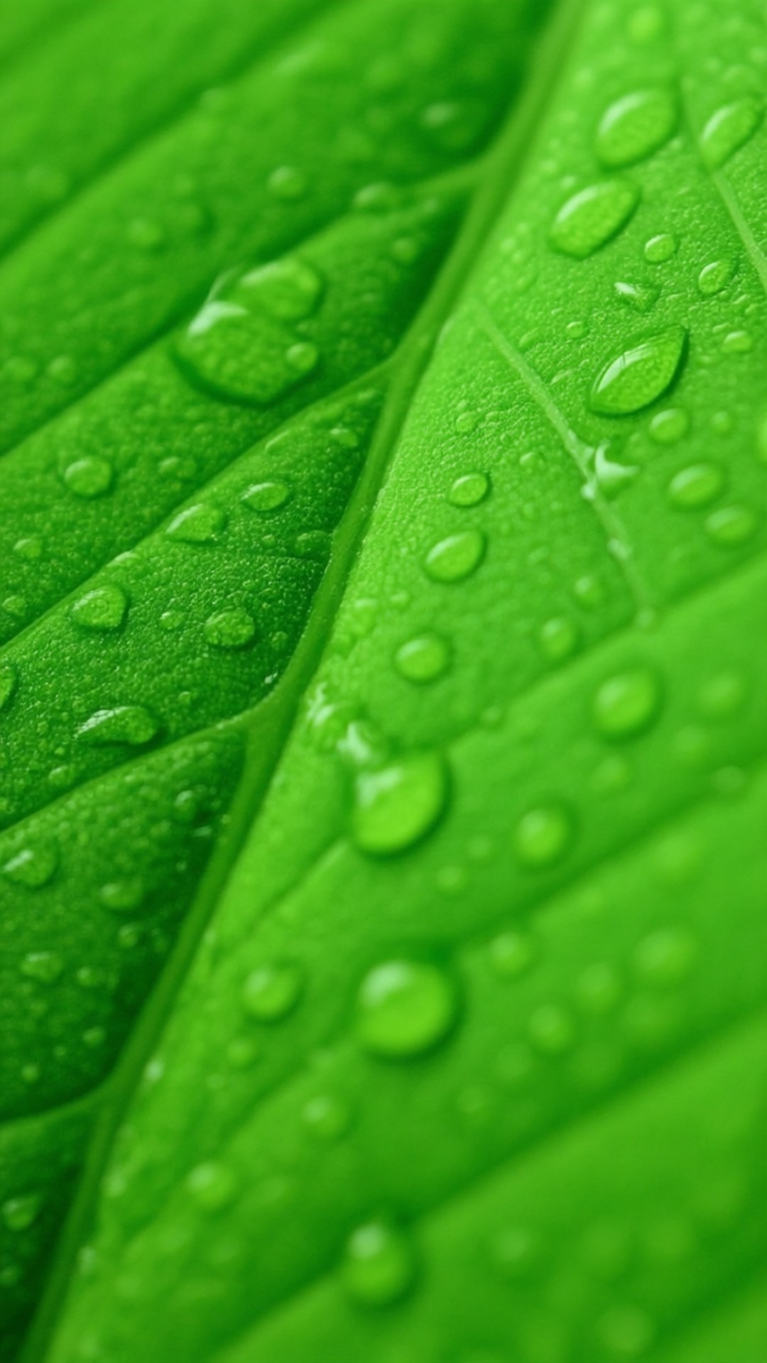 Blattropfen Vertikal Hintergrundbilder — Vertikale Makroaufnahme eines strukturierten Blattes mit Wassertropfen, leuchtend grün.
