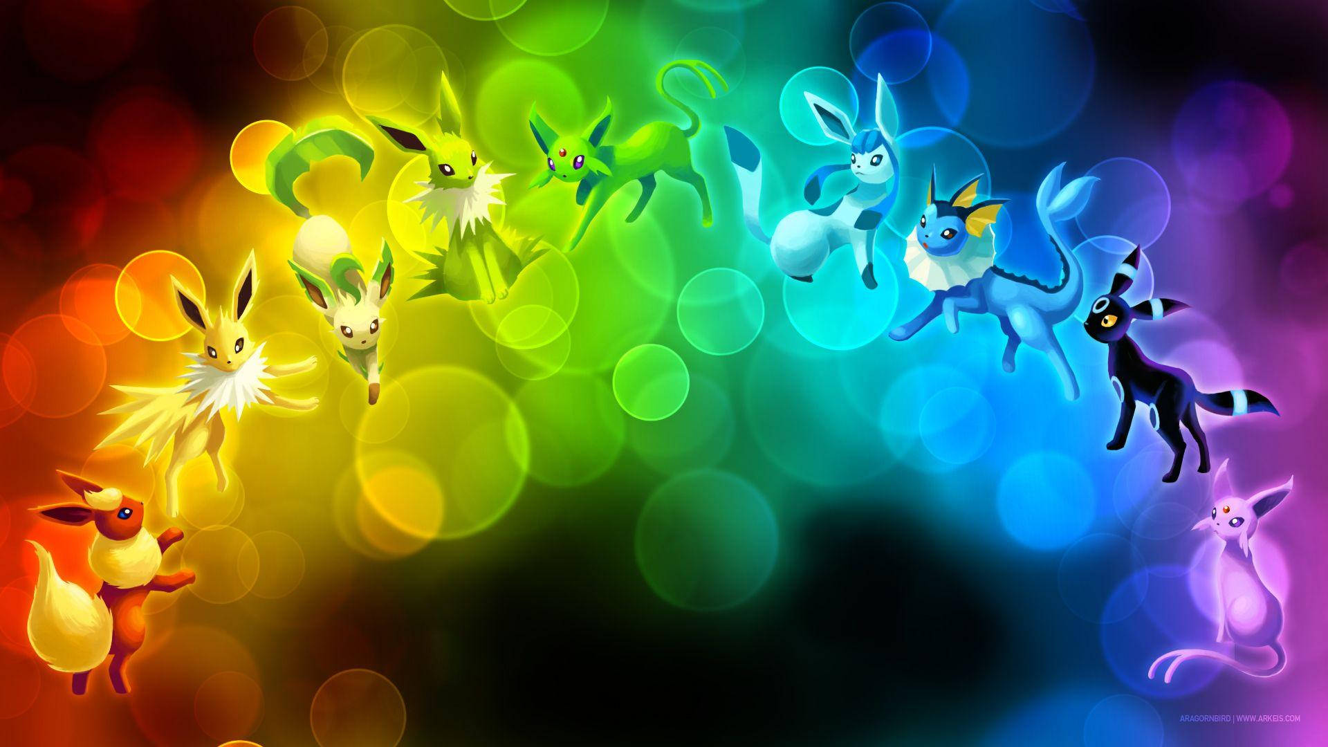 Leafeon And The Eevees In A Rainbow Background Wallpaper