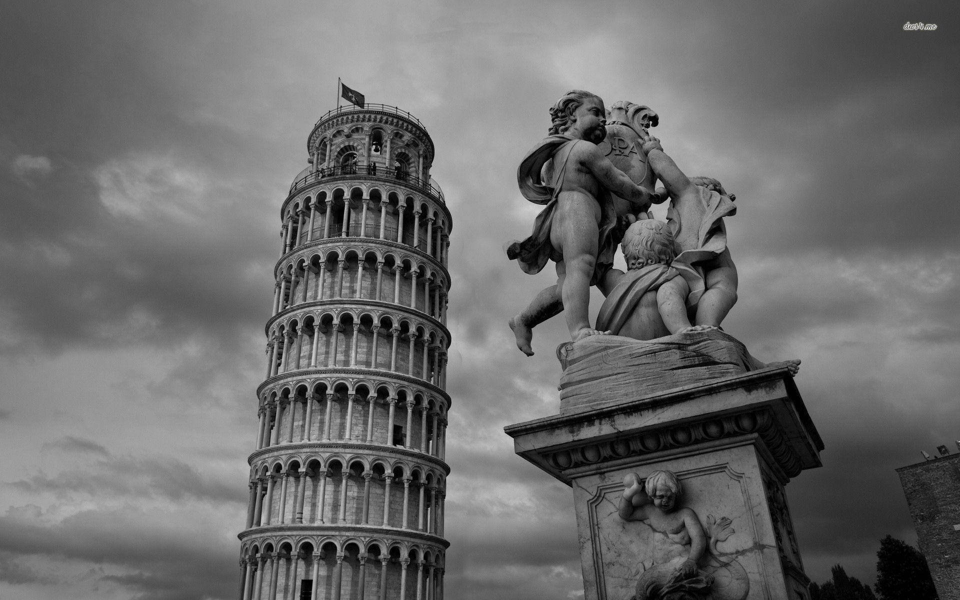 Leaning Tower Of Pisa And Sculpture Monochrome Wallpaper