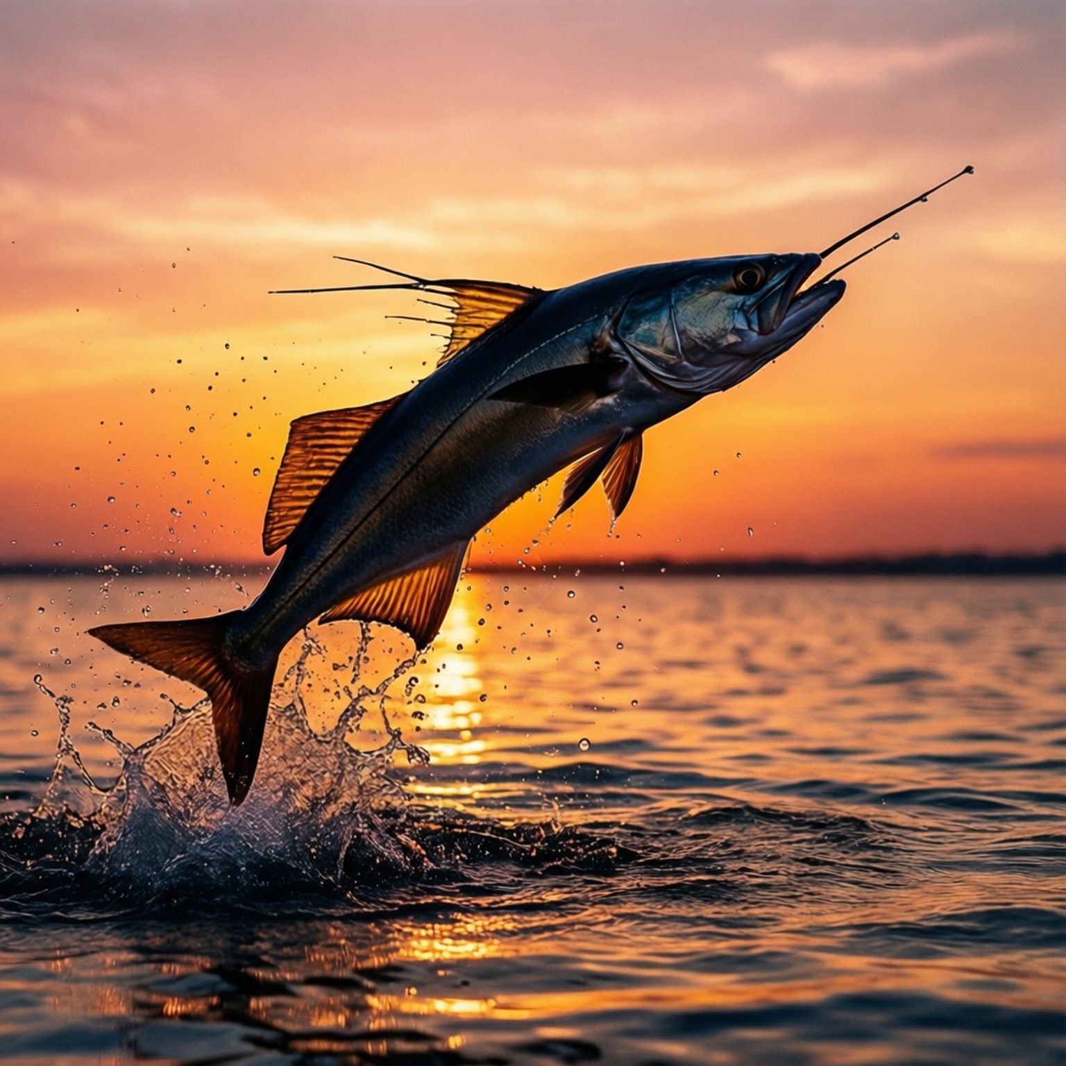 Silhuet af en cobia-fisk, der springer op af vandet ved solnedgang med gylden himmel og stænk.