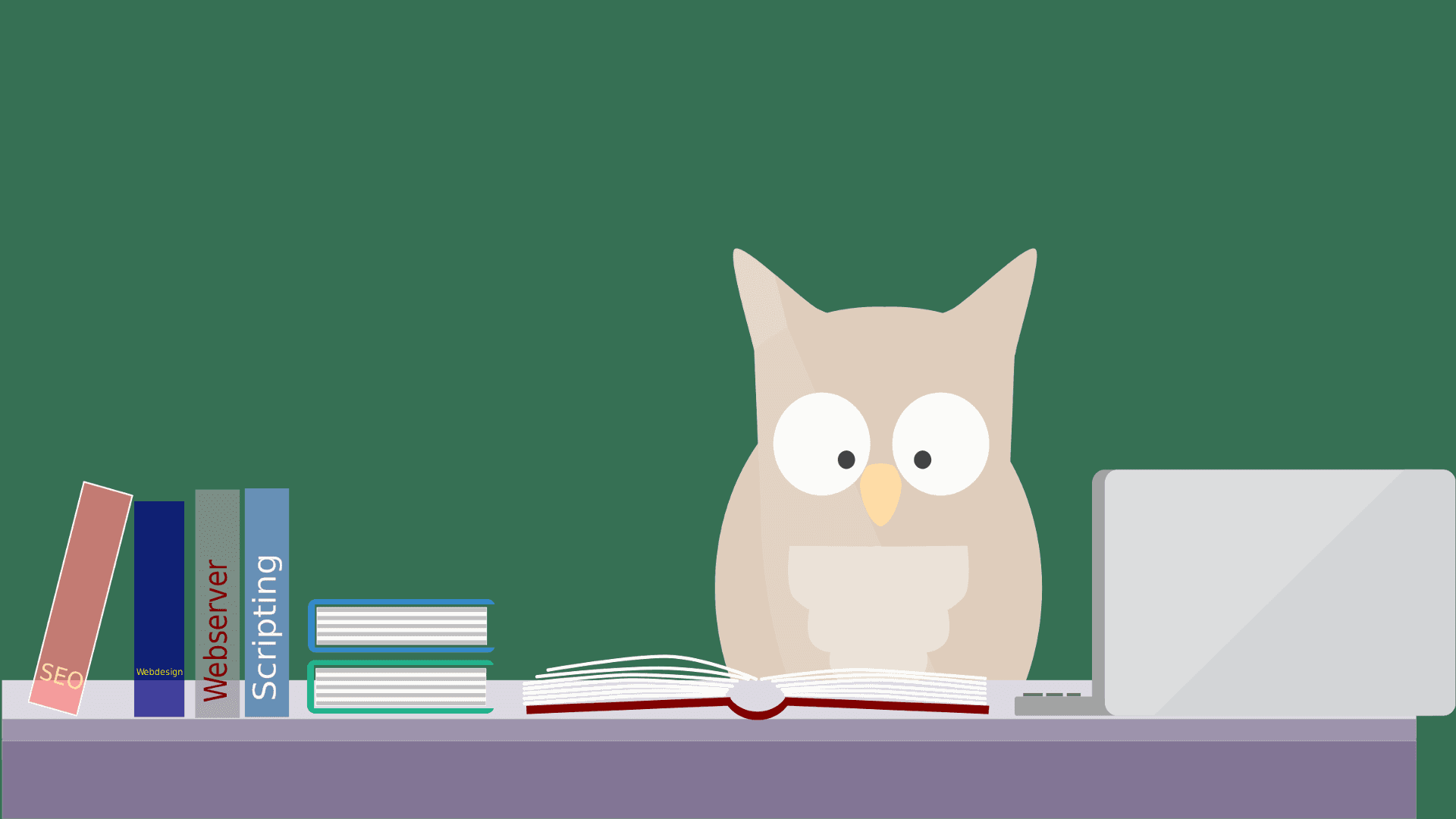 Learn new things and expand your horizons Background — A cartoon owl sits at a desk with books and a laptop against a green chalkboard background.
