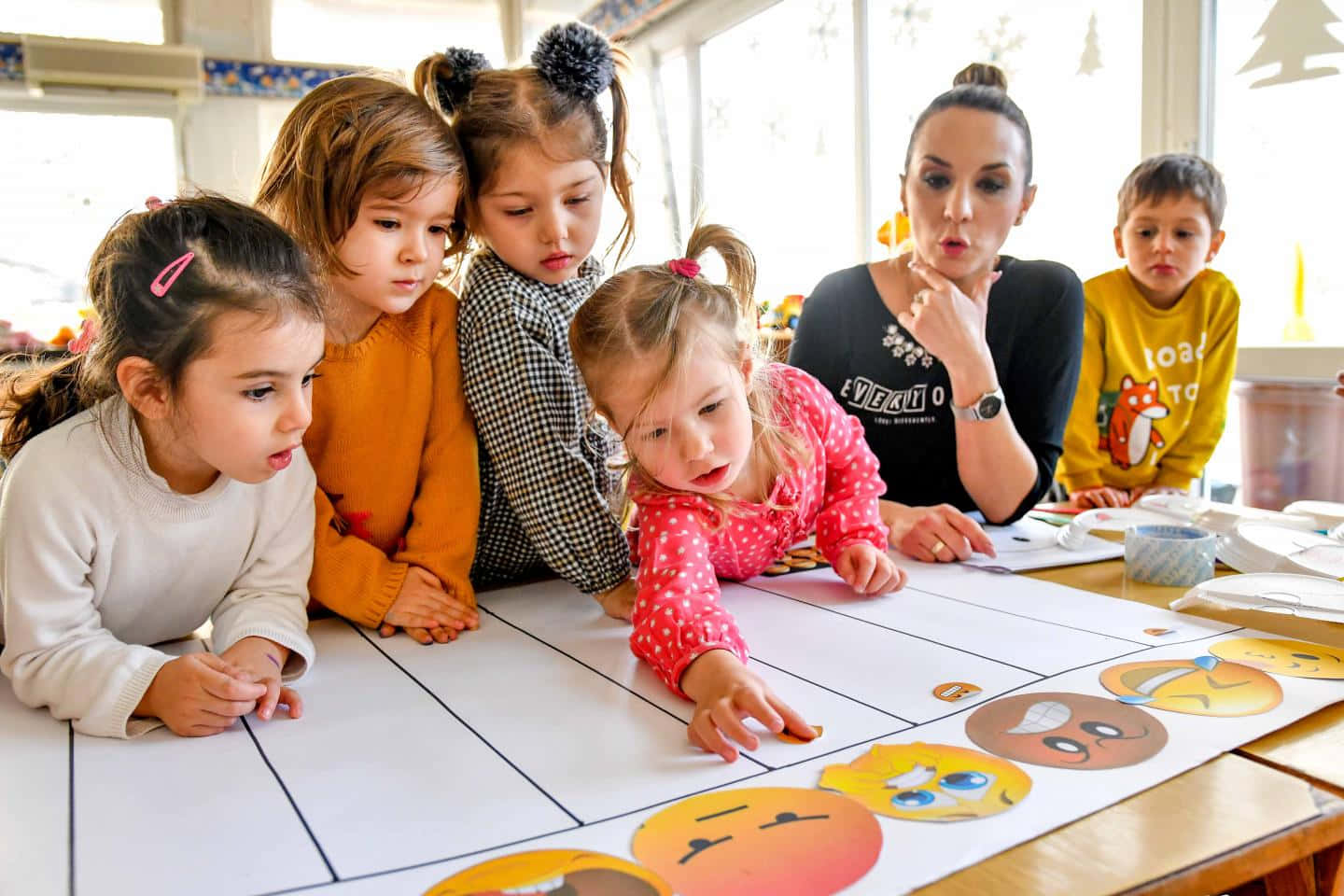 A Group Of Children Are Looking At A Paper With Emojis