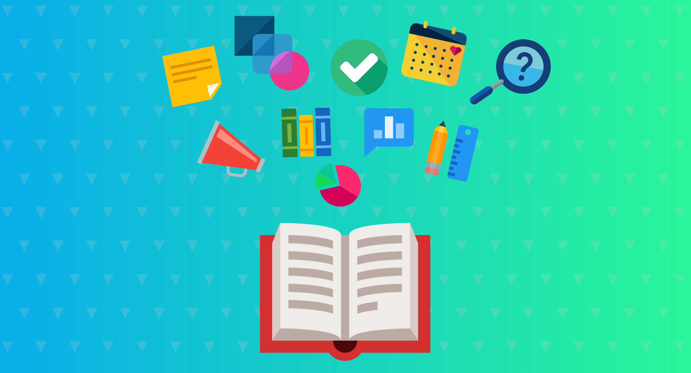 Learning pictures — An open book emits colorful flat icons representing learning tools against a gradient teal and blue background.