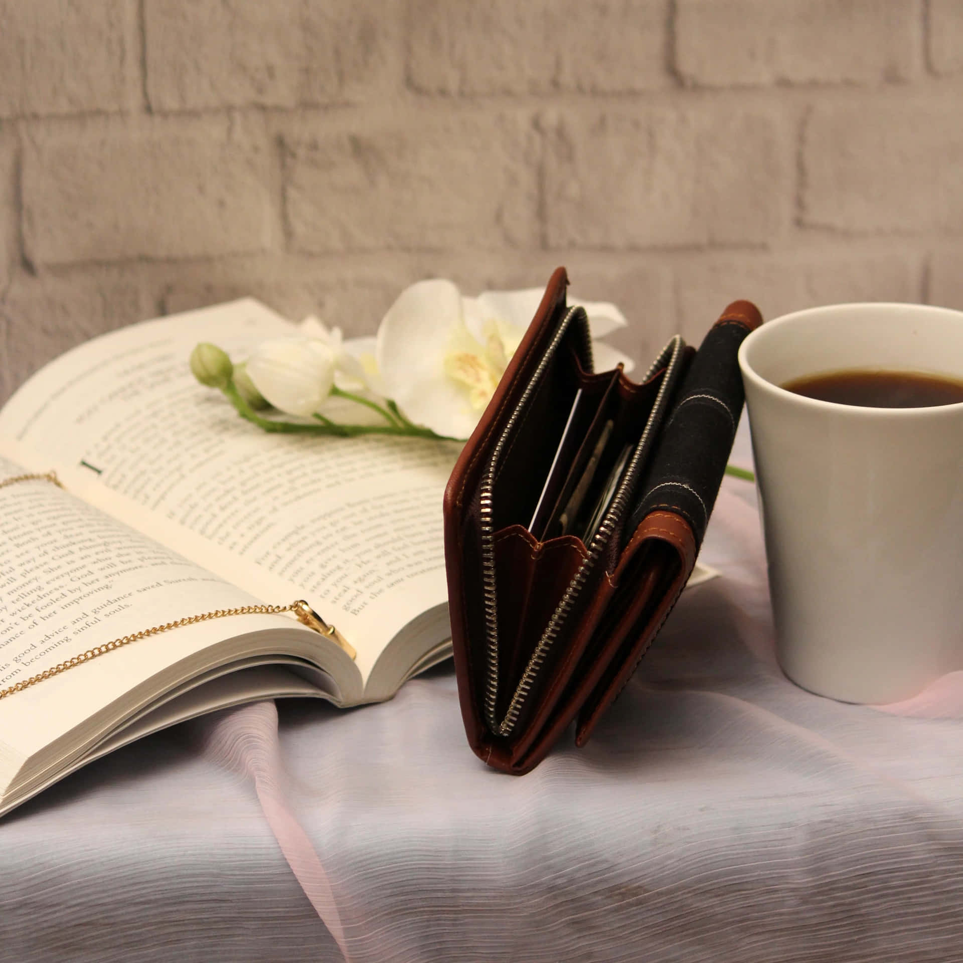Leather Wallet Book Coffee Setup Wallpaper