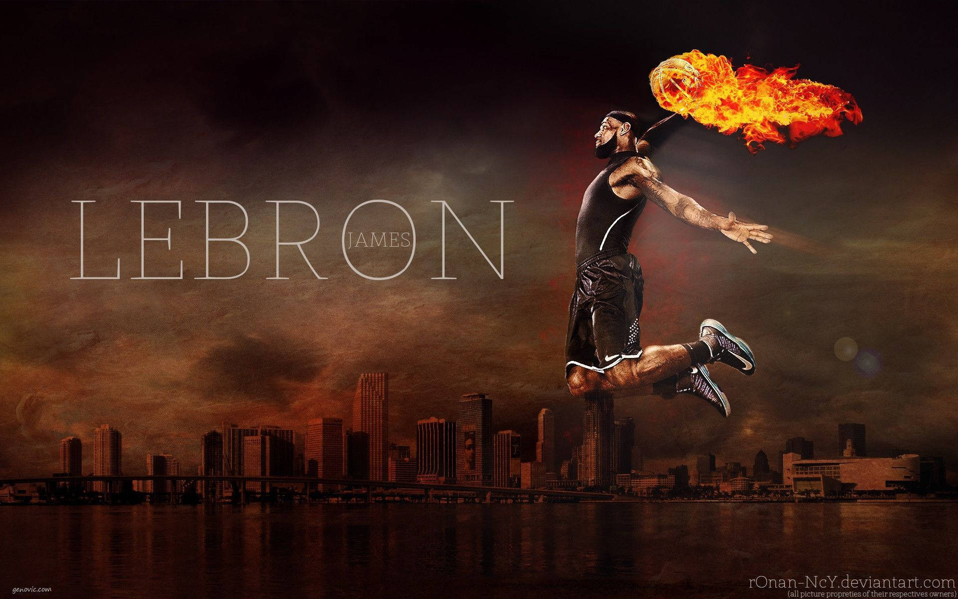Lebron James Basketball Slam Dunk Ball On Fire Wallpaper