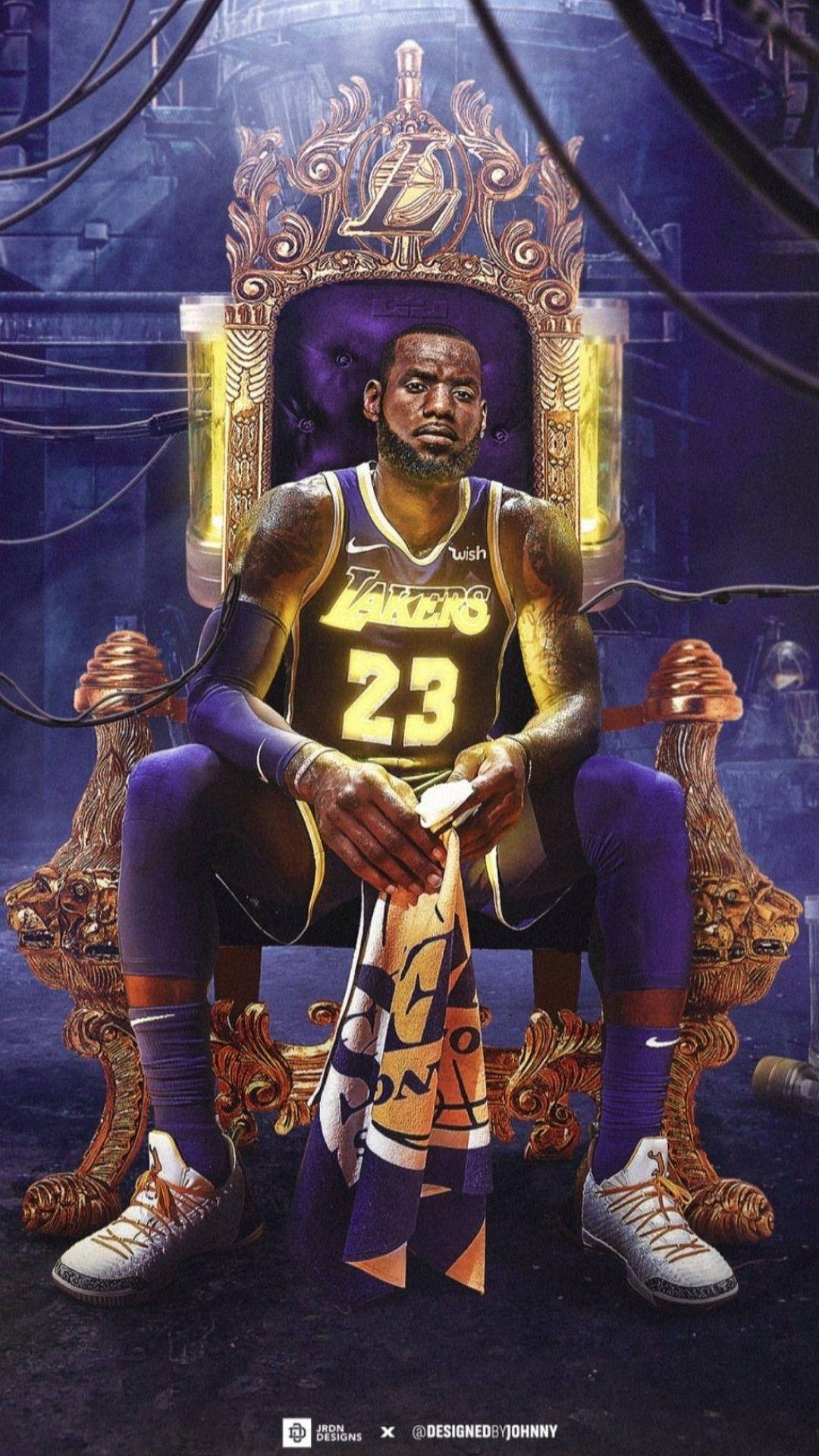 photo of lebron wearing lakers uniform flexing on the court lebron james  background the king written