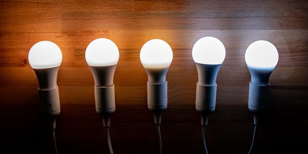 Five Different Colored Led Bulbs Are Lined Up On A Wooden Table