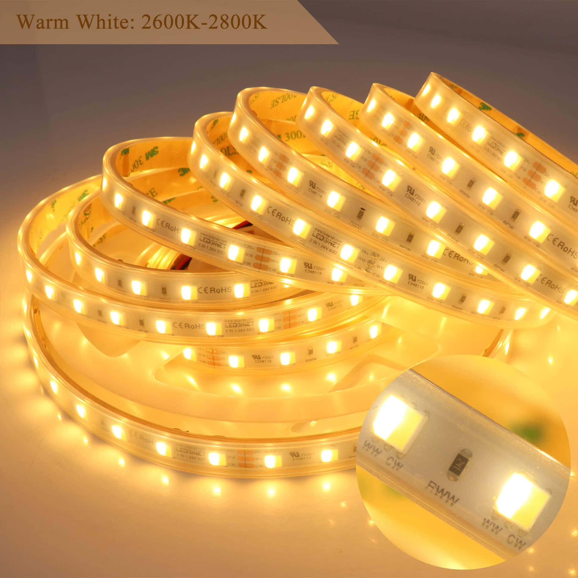 A Yellow Led Strip With White Lights