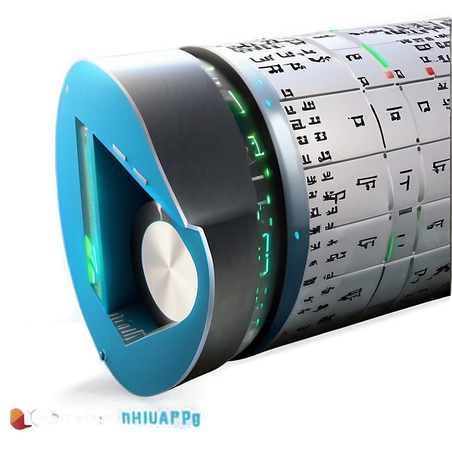 Ledger Technology PNG 10 PNG — A futuristic blue and silver cylindrical device with glowing green digital text scrolls across its surface.