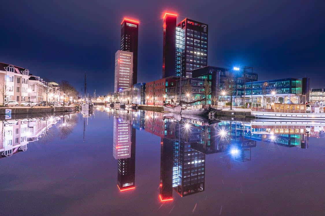 Leeuwarden Waterfront Nachtlichten Achtergrond