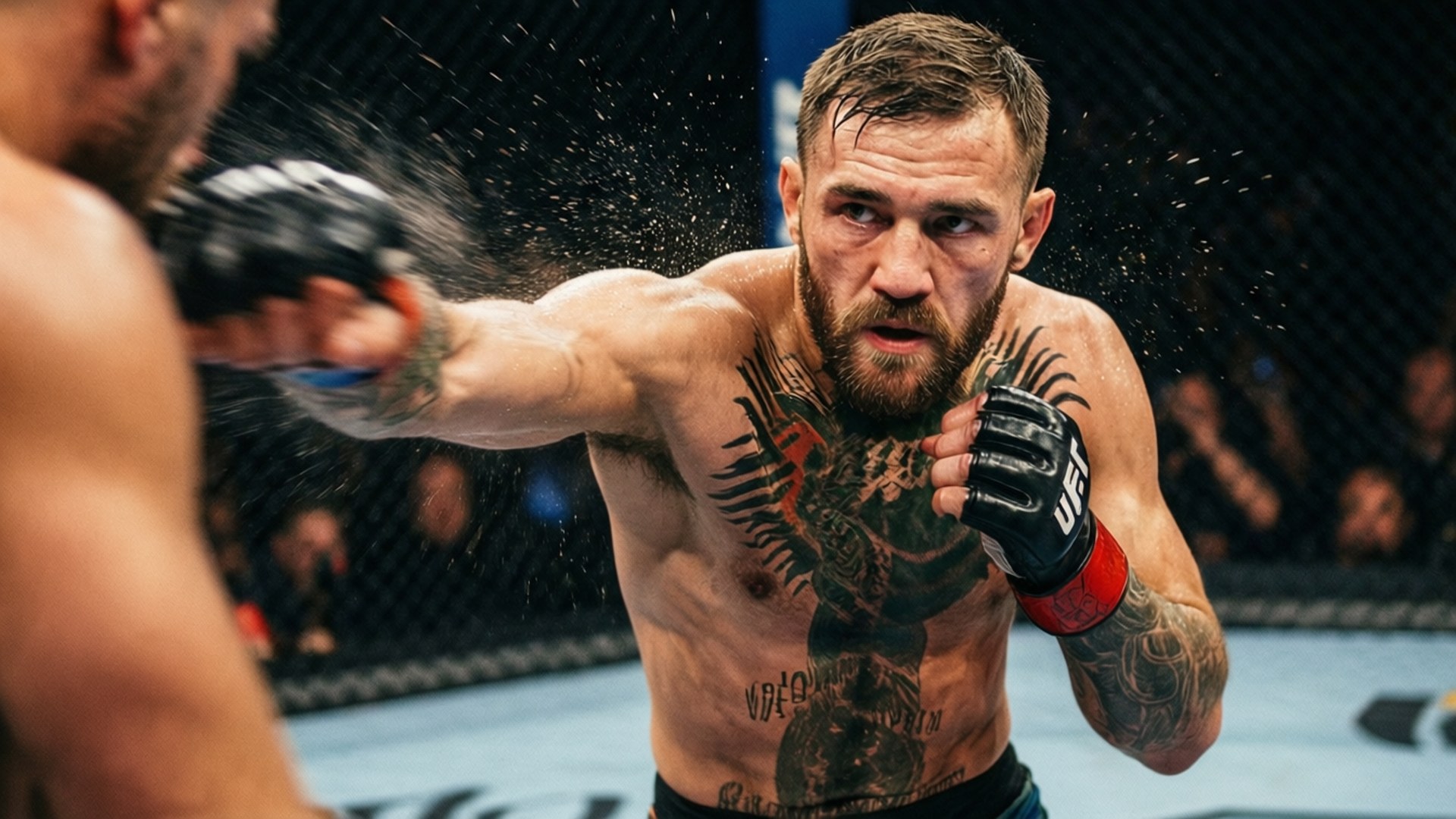 Gambar aksi dinamis Conor McGregor melayangkan pukulan kiri dengan efek gerakan kabur.