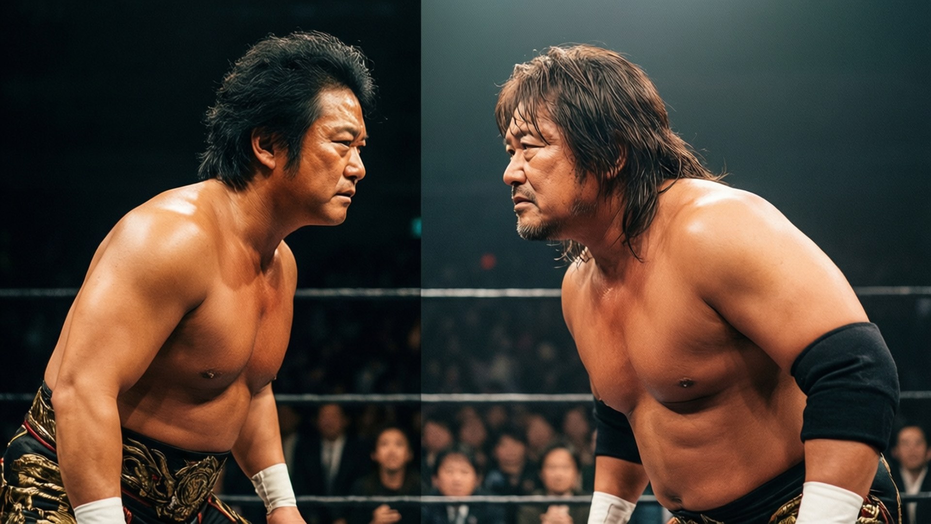 Kazuchika Okada og Hiroshi Tanahashi i en stirrekonkurranse.