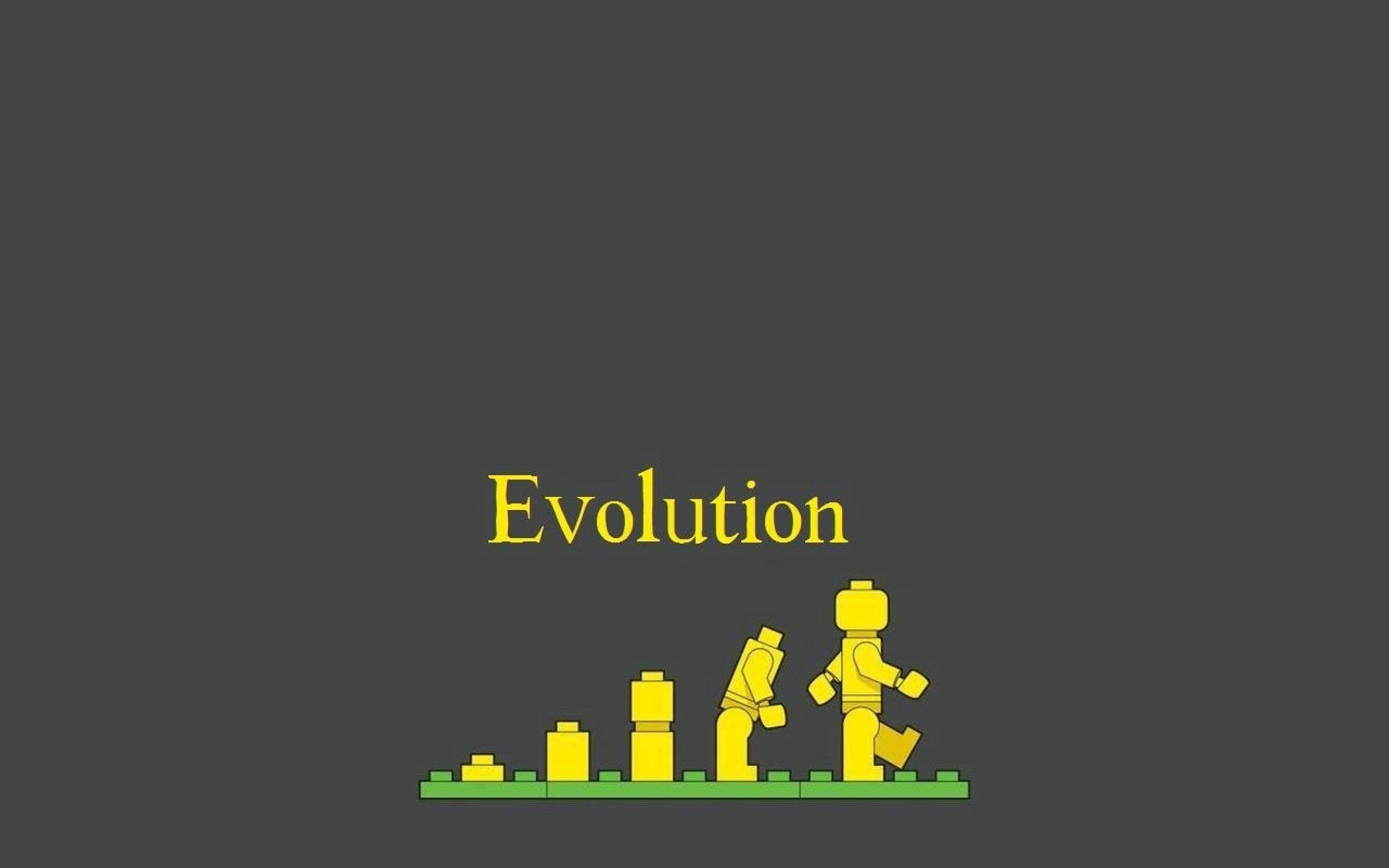 Amazing Lego Progression Wallpaper — Yellow Lego figures climb a bar graph labeled Evolution against a dark gray background.