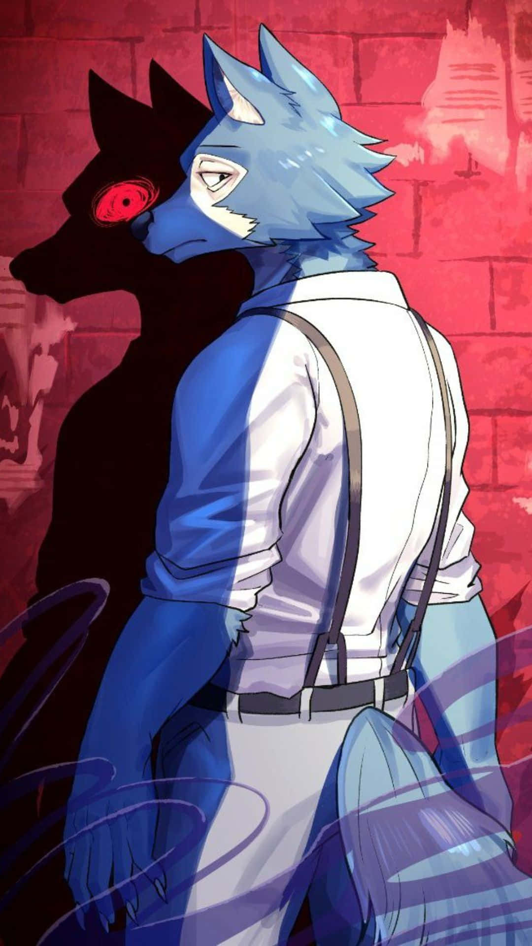 En ulv med en blå og hvid skjorte og en rød baggrund Wallpaper
