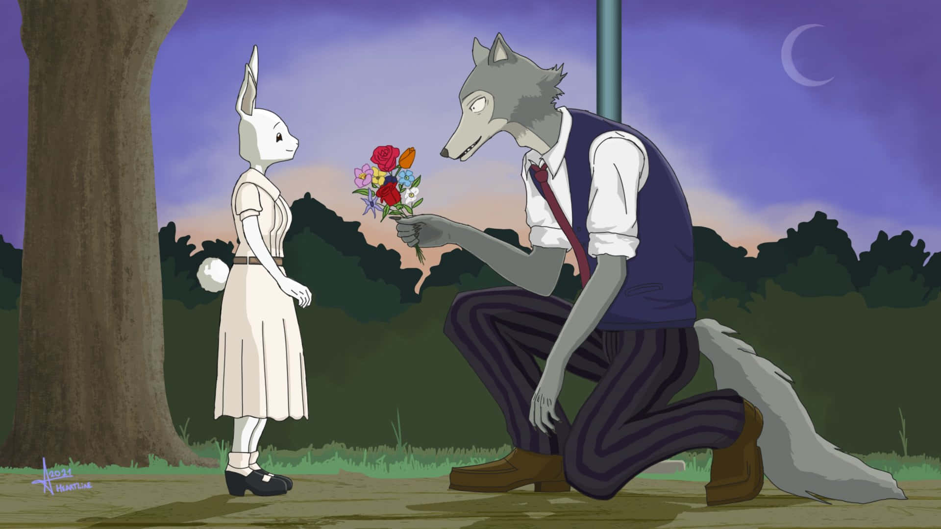 En ulv og en pige der giver hinanden blomster Wallpaper