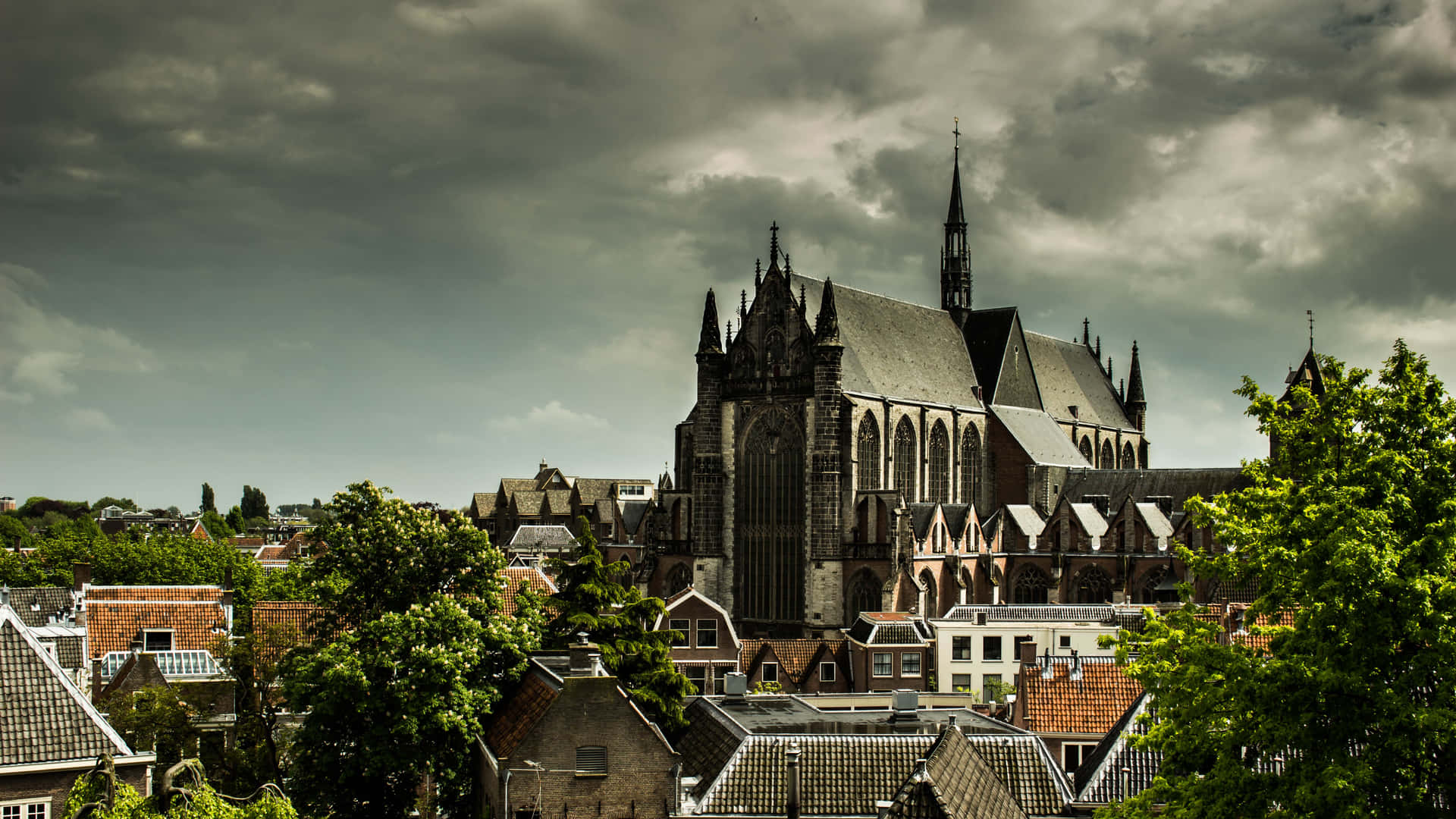 Leiden Cathedral Overcast Sky Wallpaper