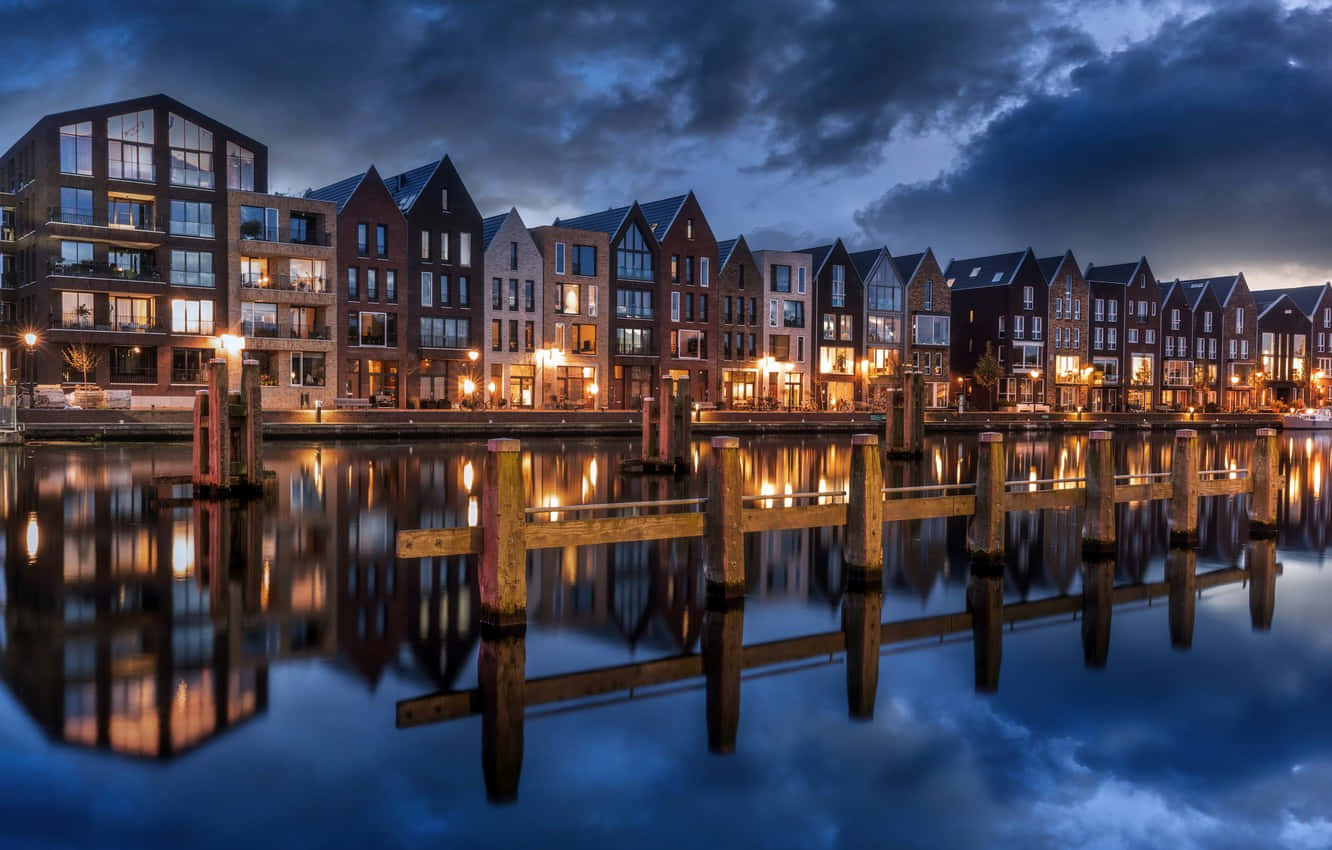 Leiden Waterfront Twilight Reflections Wallpaper