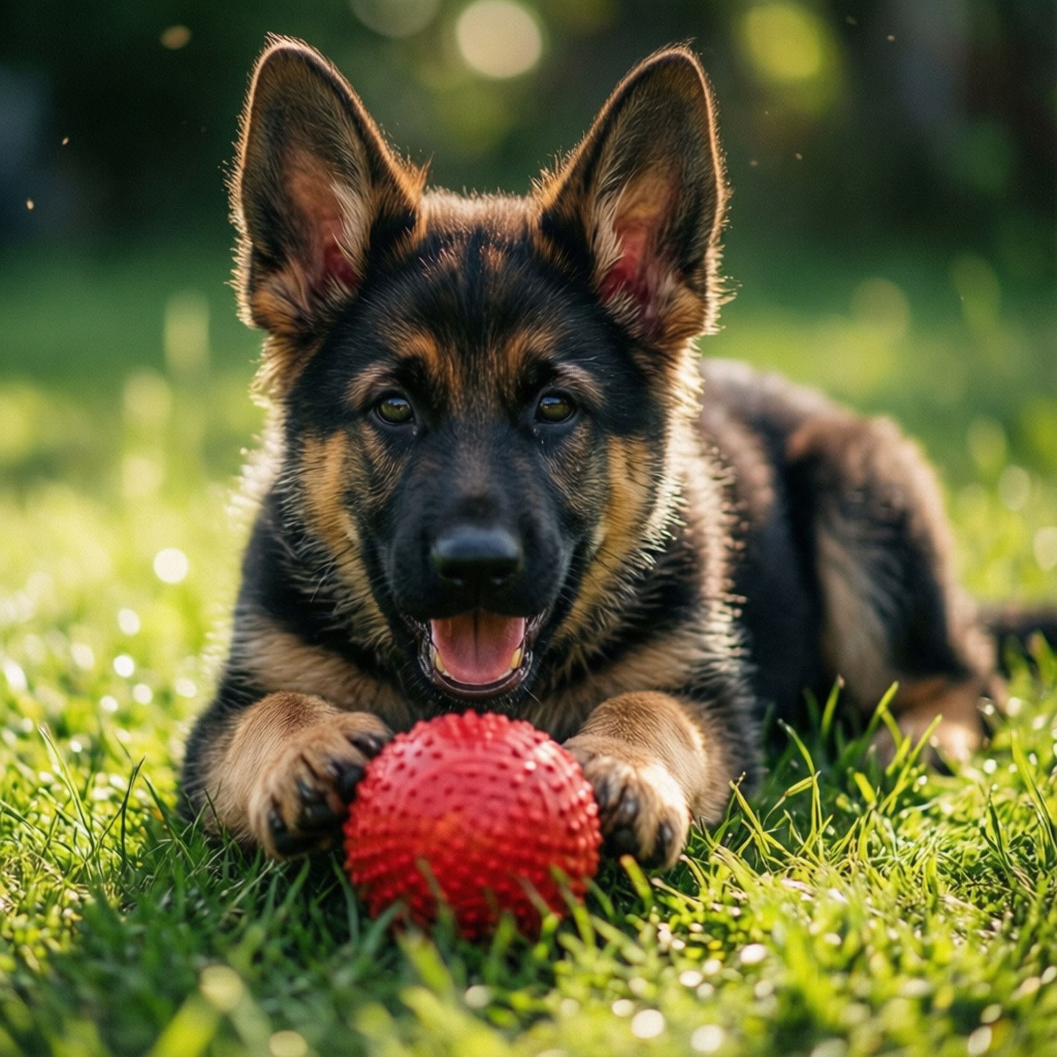 Playful Puppy Wallpaper — A joyful German Shepherd puppy lies on vibrant green grass gripping a bright red textured ball with paws and tongue out.