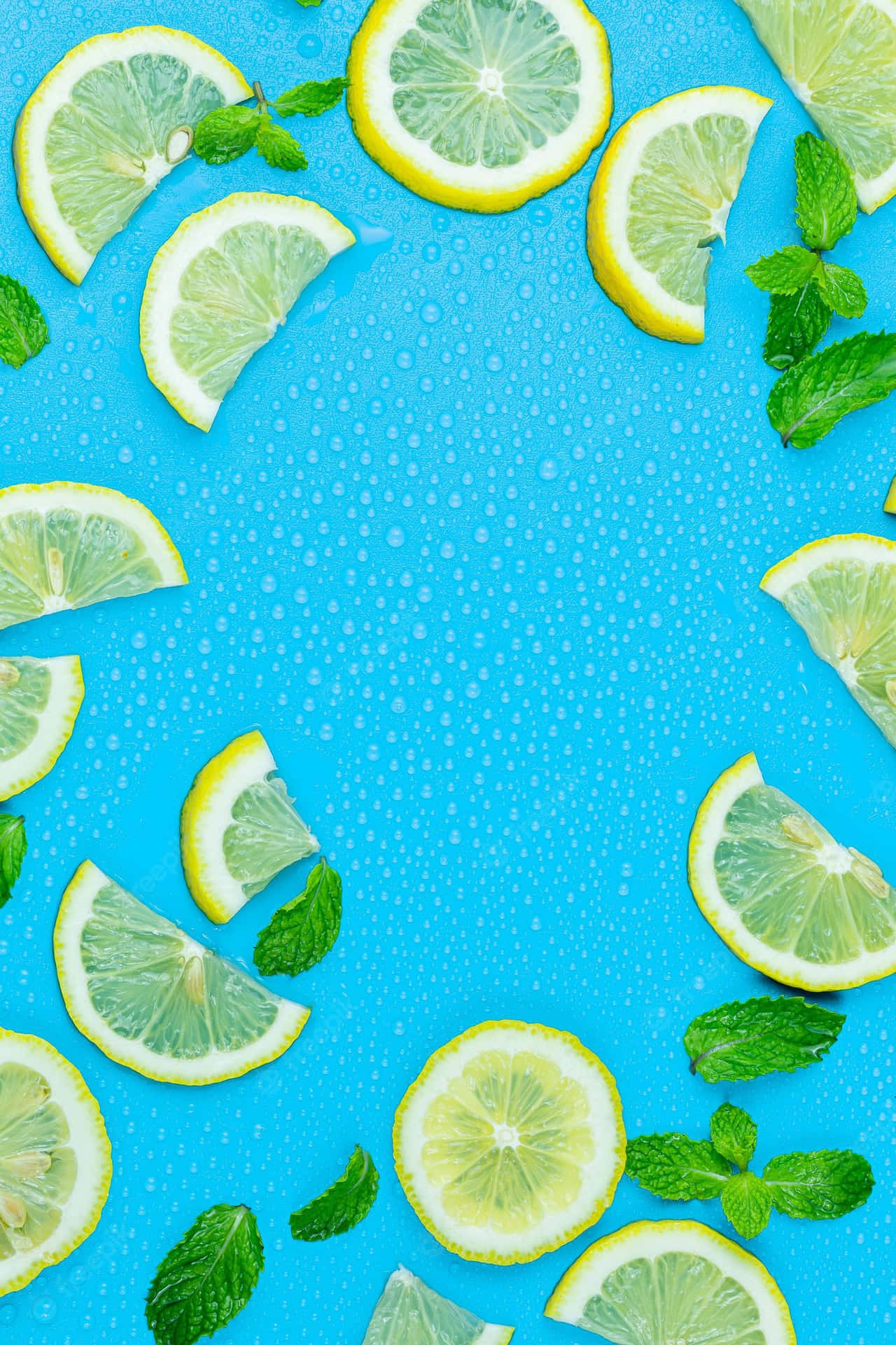 Zitronenscheibenund Minzblätter Auf Einem Blauen Hintergrund. Wallpaper