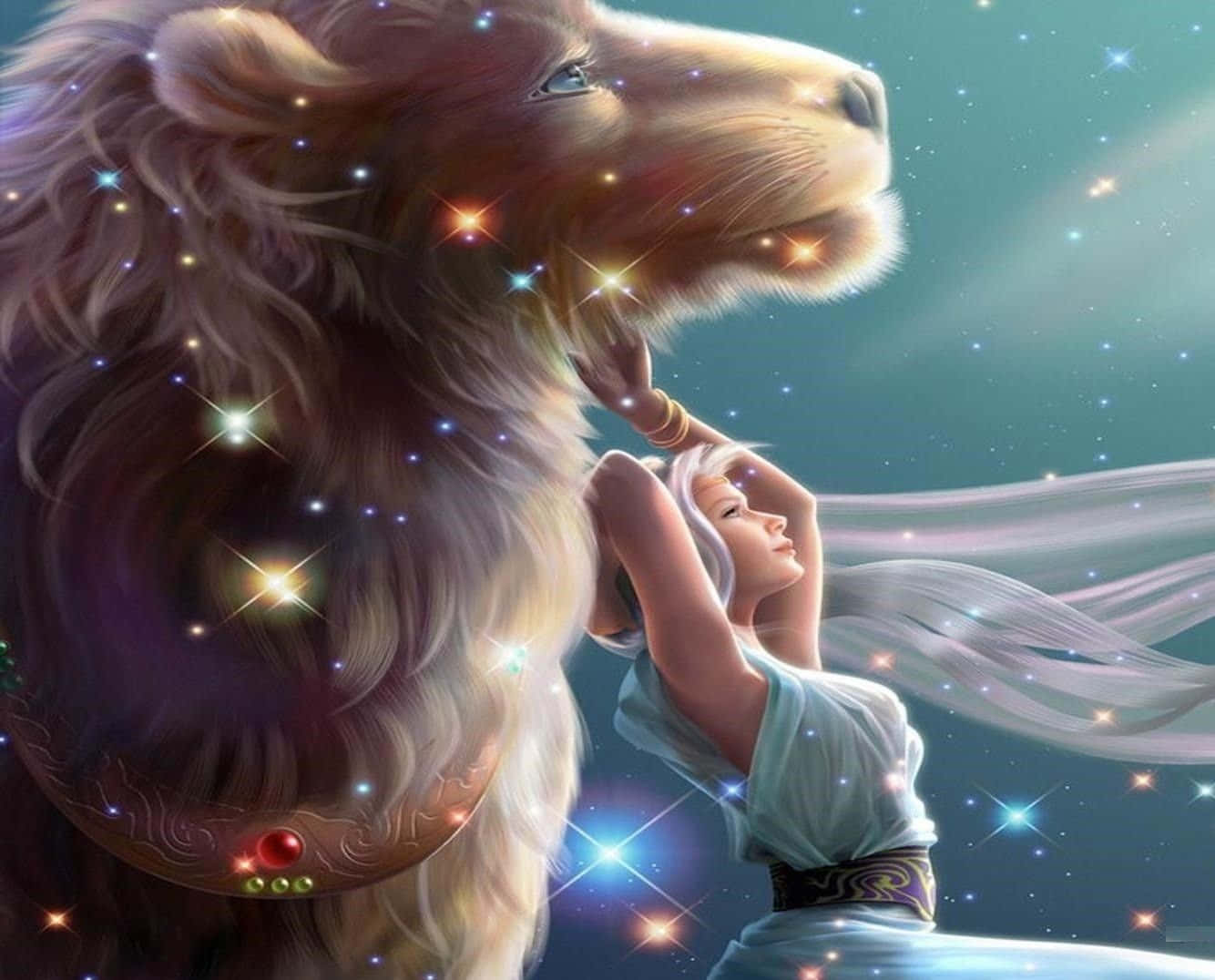 A Woman Is Sitting Next To A Lion In The Sky Wallpaper