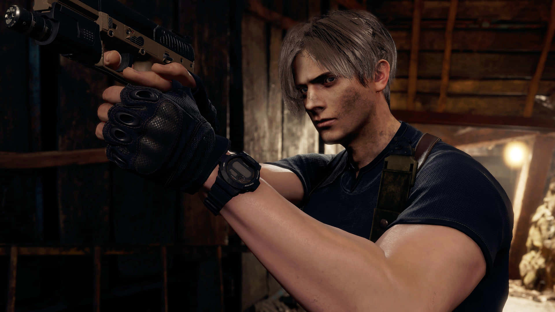Leon Kennedy Aiming Pistol Resident Evil4 Remake Wallpaper