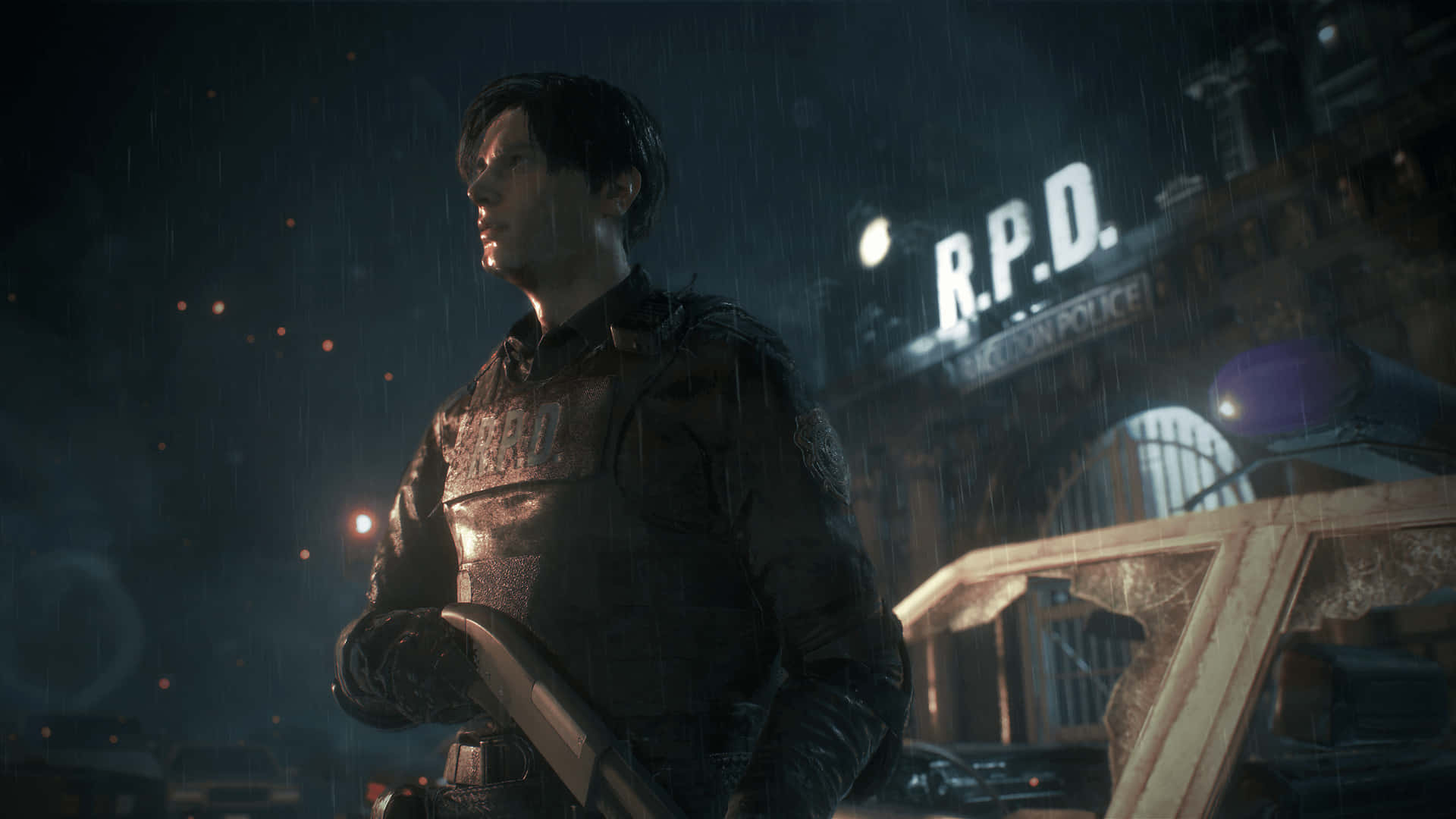 Leons Kennedy Visar Oöverträffad Styrka I Resident Evil 2 På Datorskärmen Eller Mobilskärmen. Wallpaper