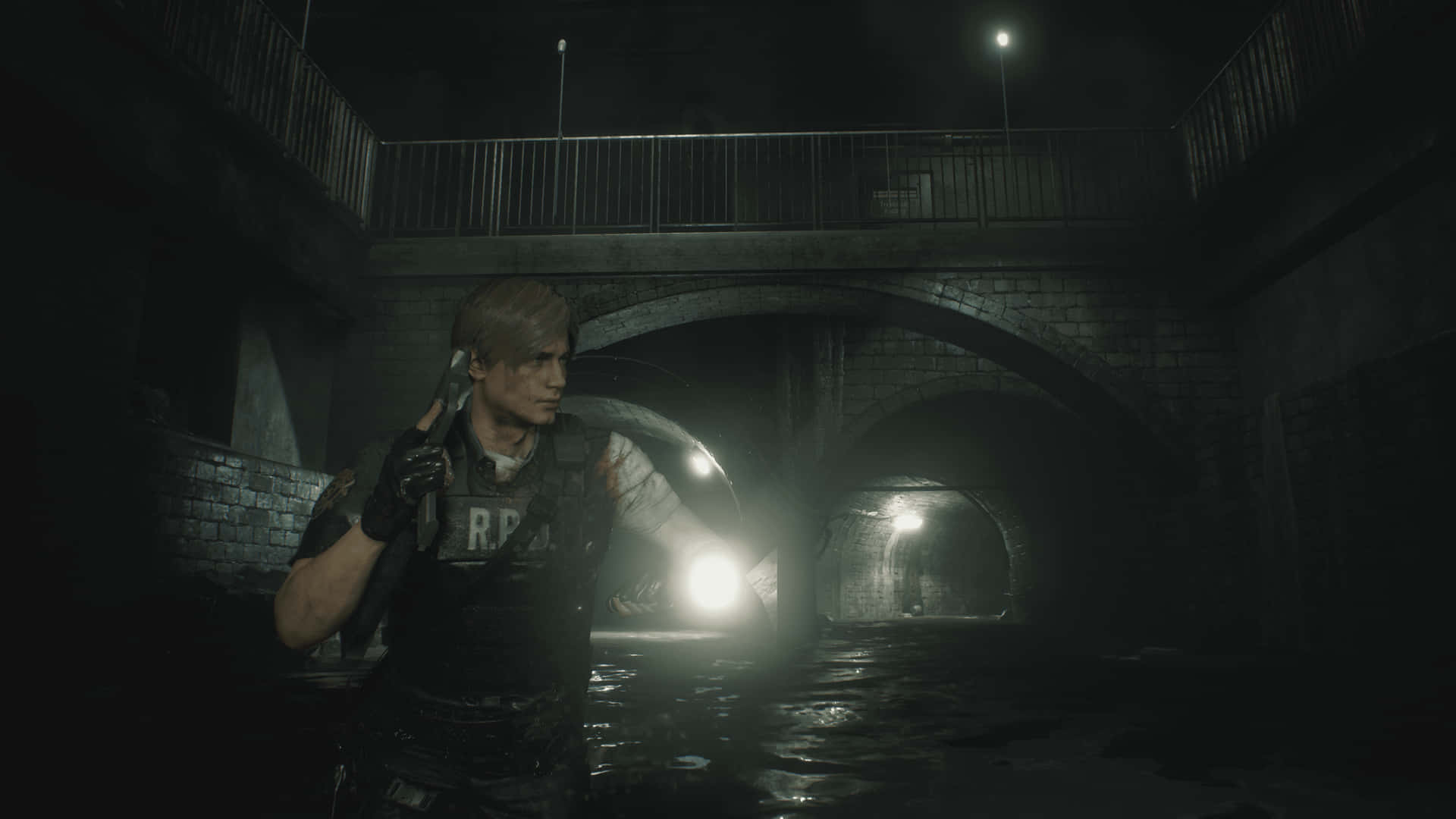 Leon Kennedy protects himself from a zombie in Resident Evil 2 Wallpaper