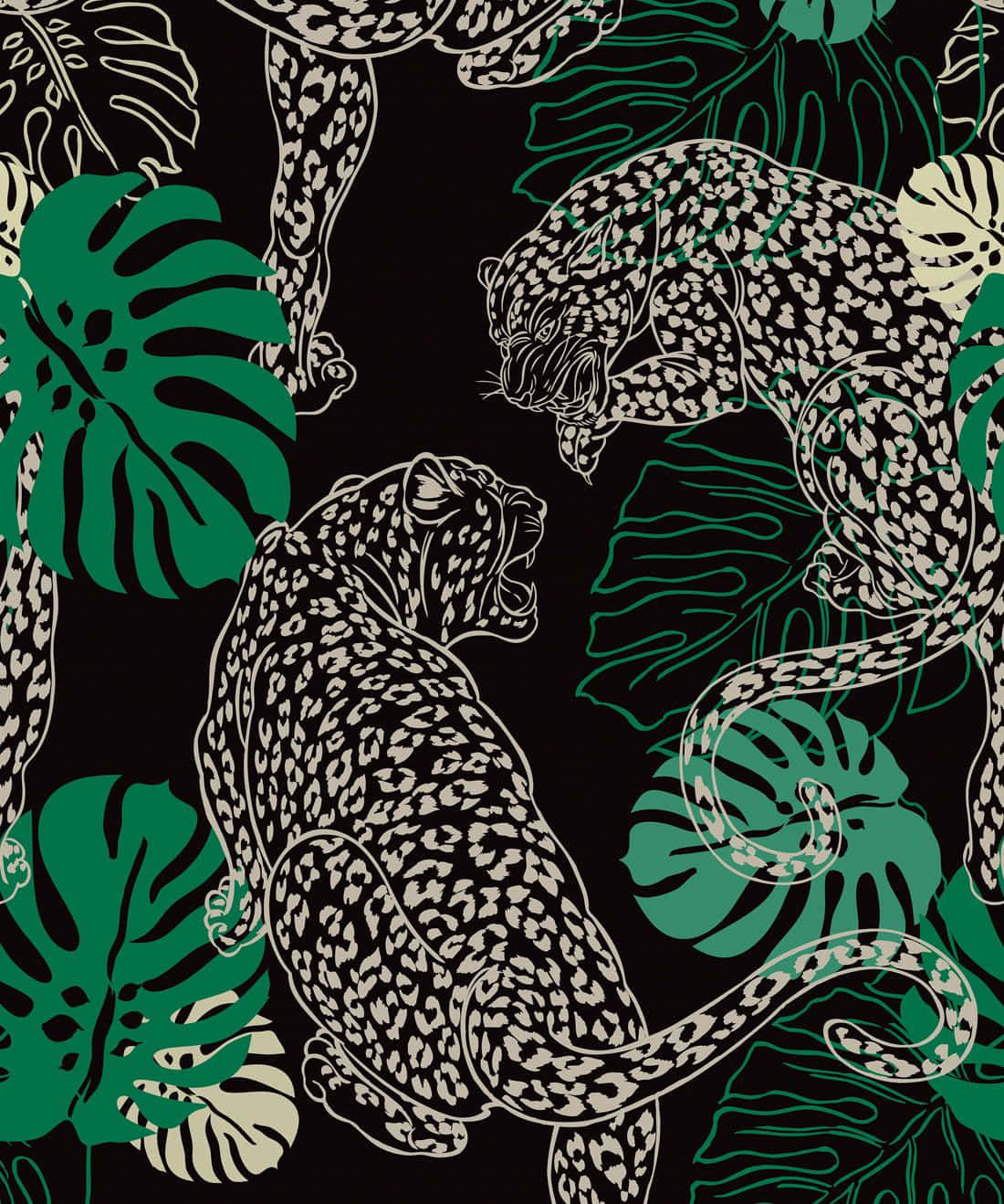 Et ubrudt mønster med leoparder og tropisk bladgarn Wallpaper