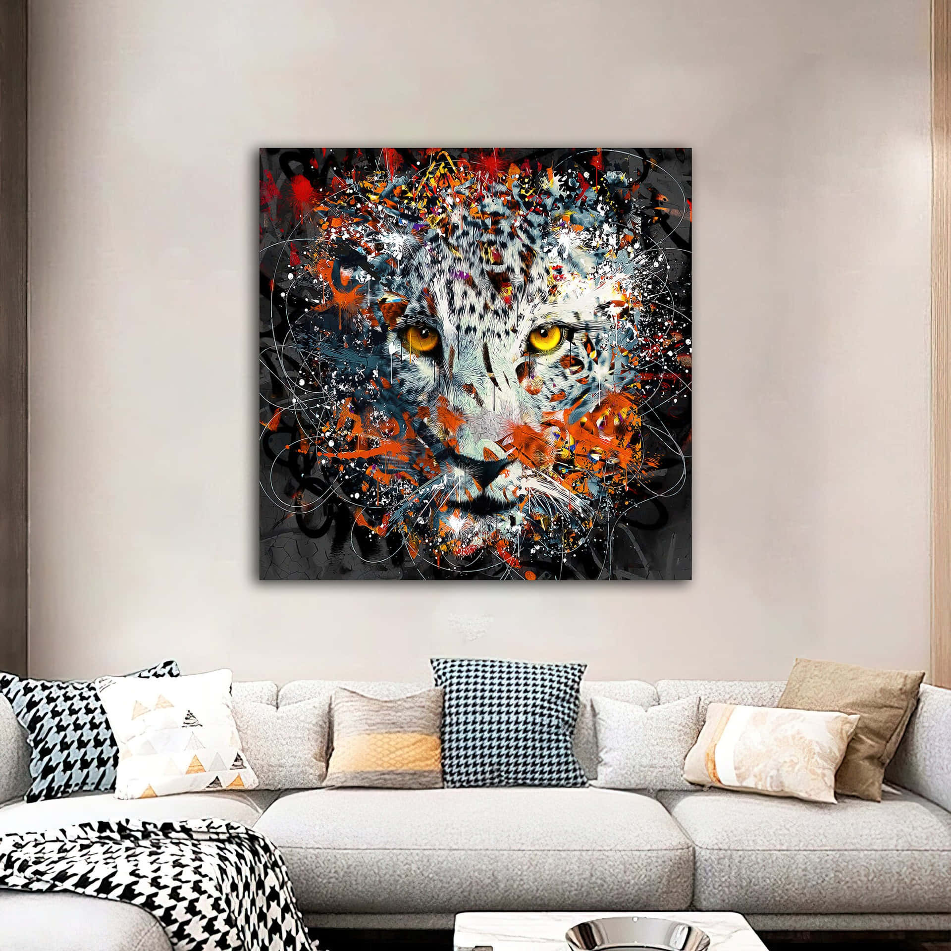 Leopardabstraktmaleri i stuen billede hintergrundbild