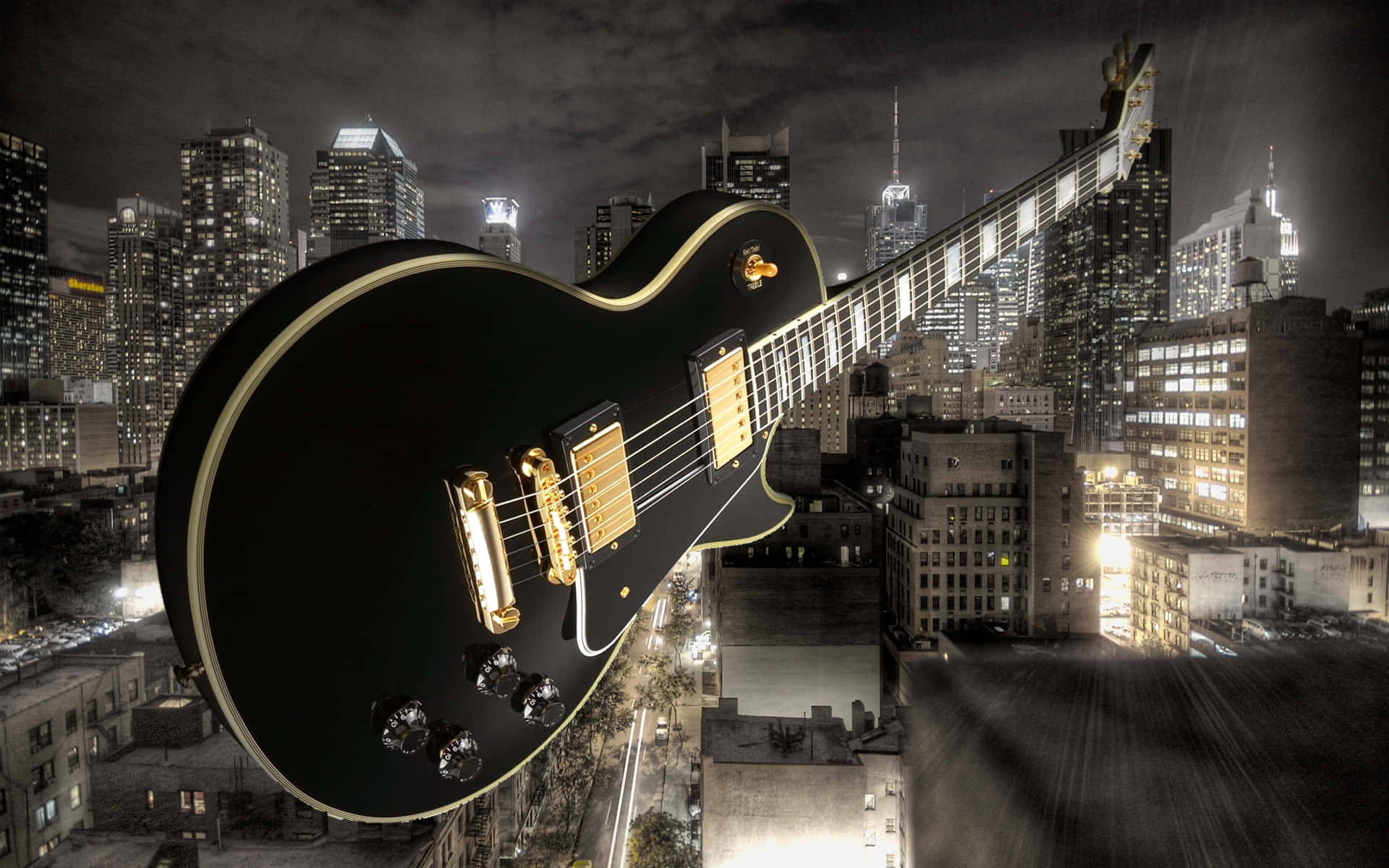 Les Paul In The City Musical Instrument Wallpaper