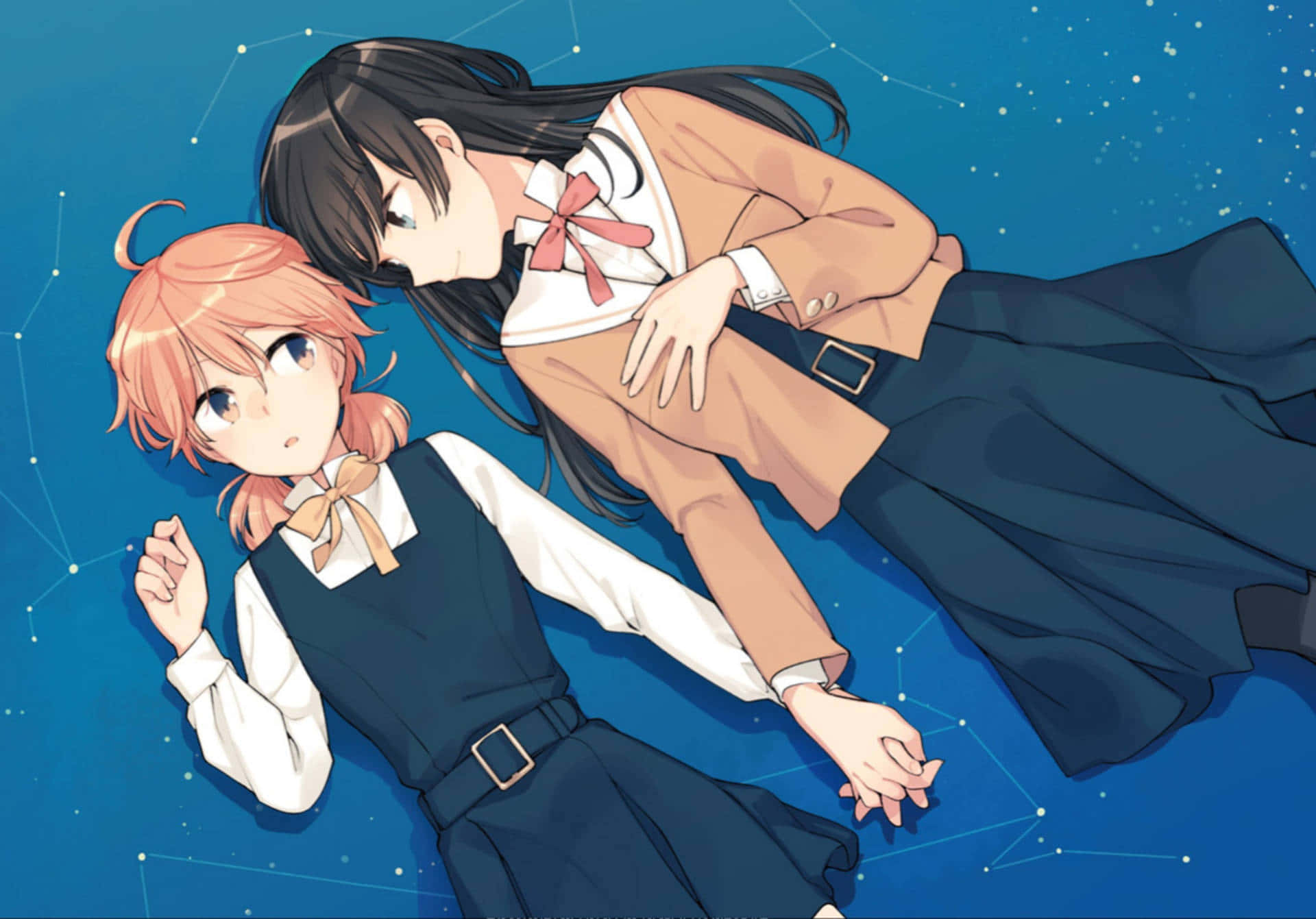 Lesbisk Anime Skole Pigeliggende Holder Hænder Computer Wallpaper Wallpaper