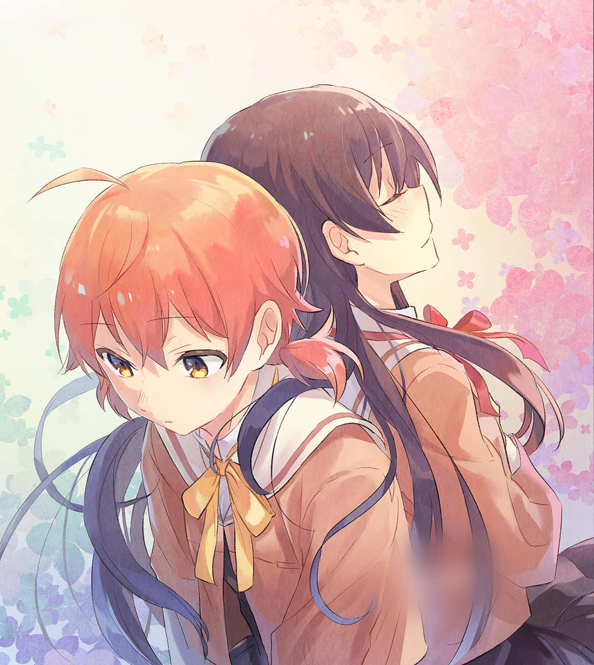 To anime piger står ved siden af ​​hinanden og smiler. Wallpaper