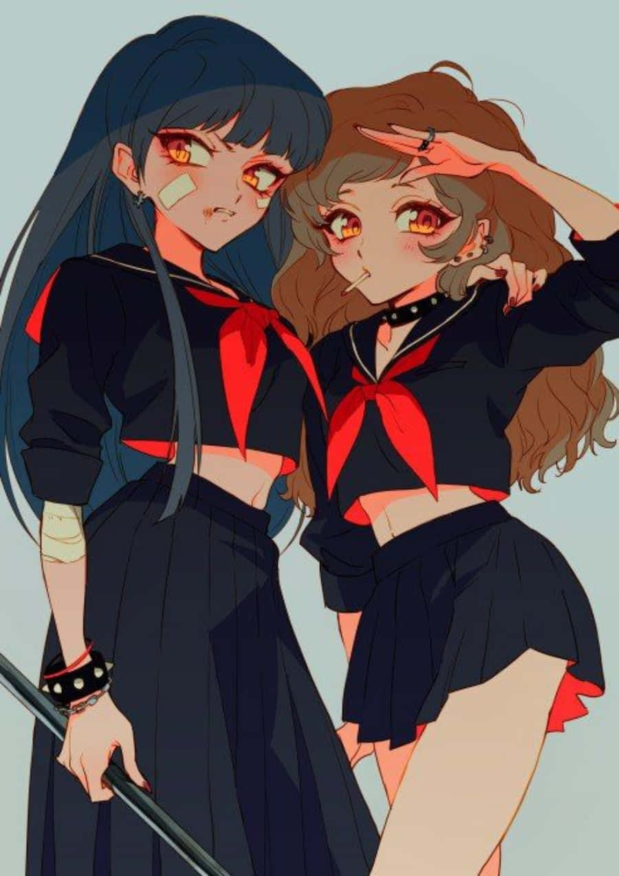 Sød lesbisk anime par nyder en dejlig eftermiddag sammen Wallpaper