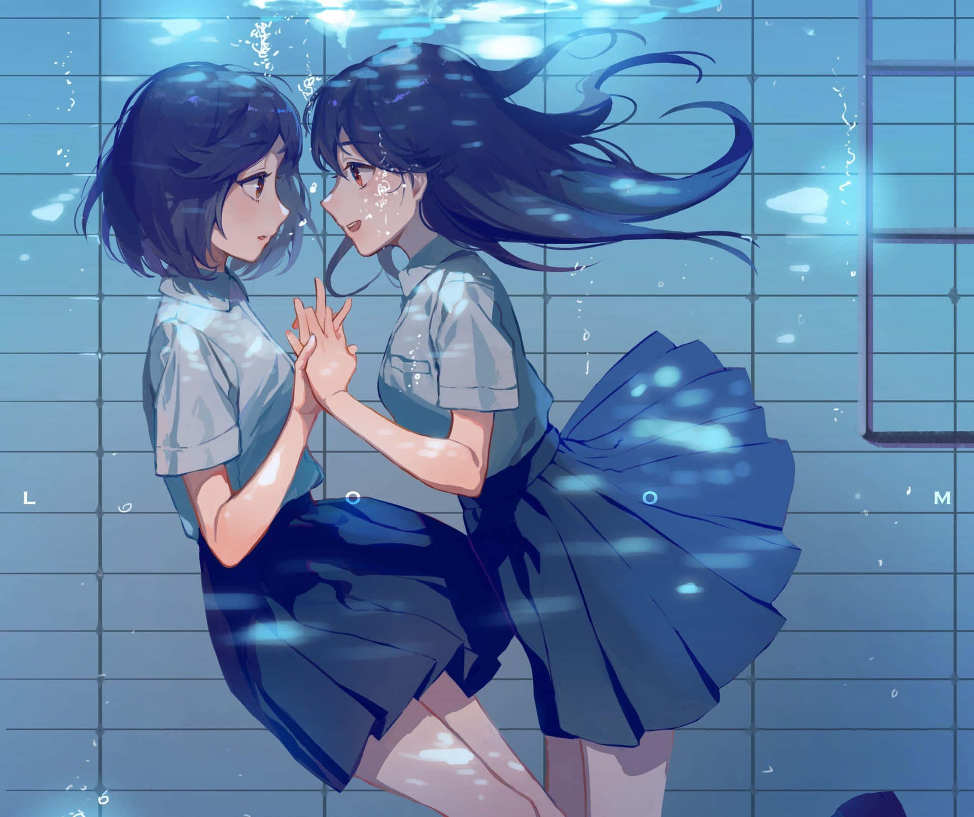 Lesbisk Anime Skole Pige Blå Æstetik Wallpaper