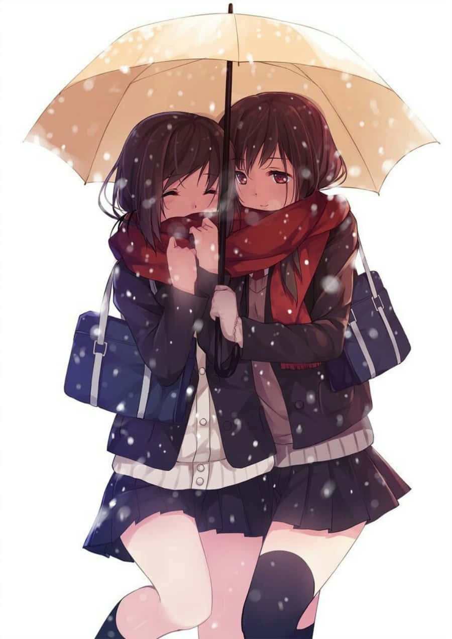 Lesbian Anime School Girl Under Umbrella Wallpaper